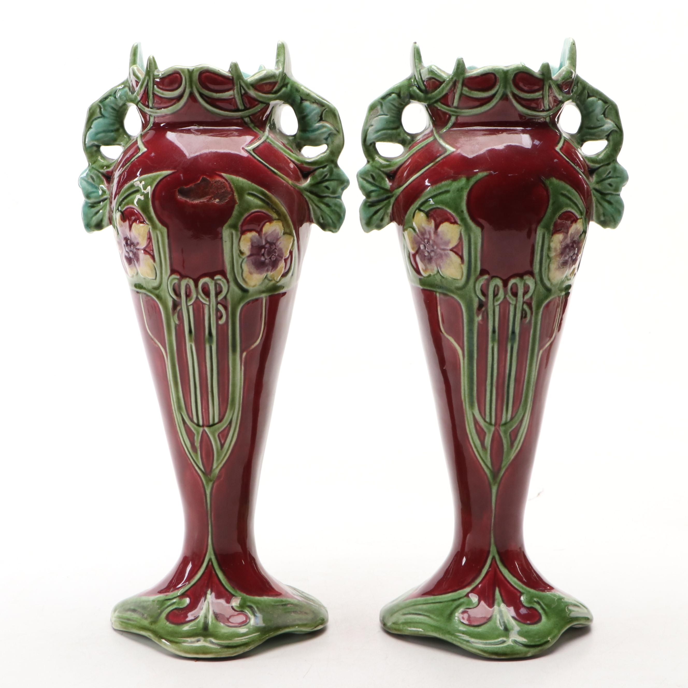 Art Nouveau Green and Burgundy Floral Porcelain Vases