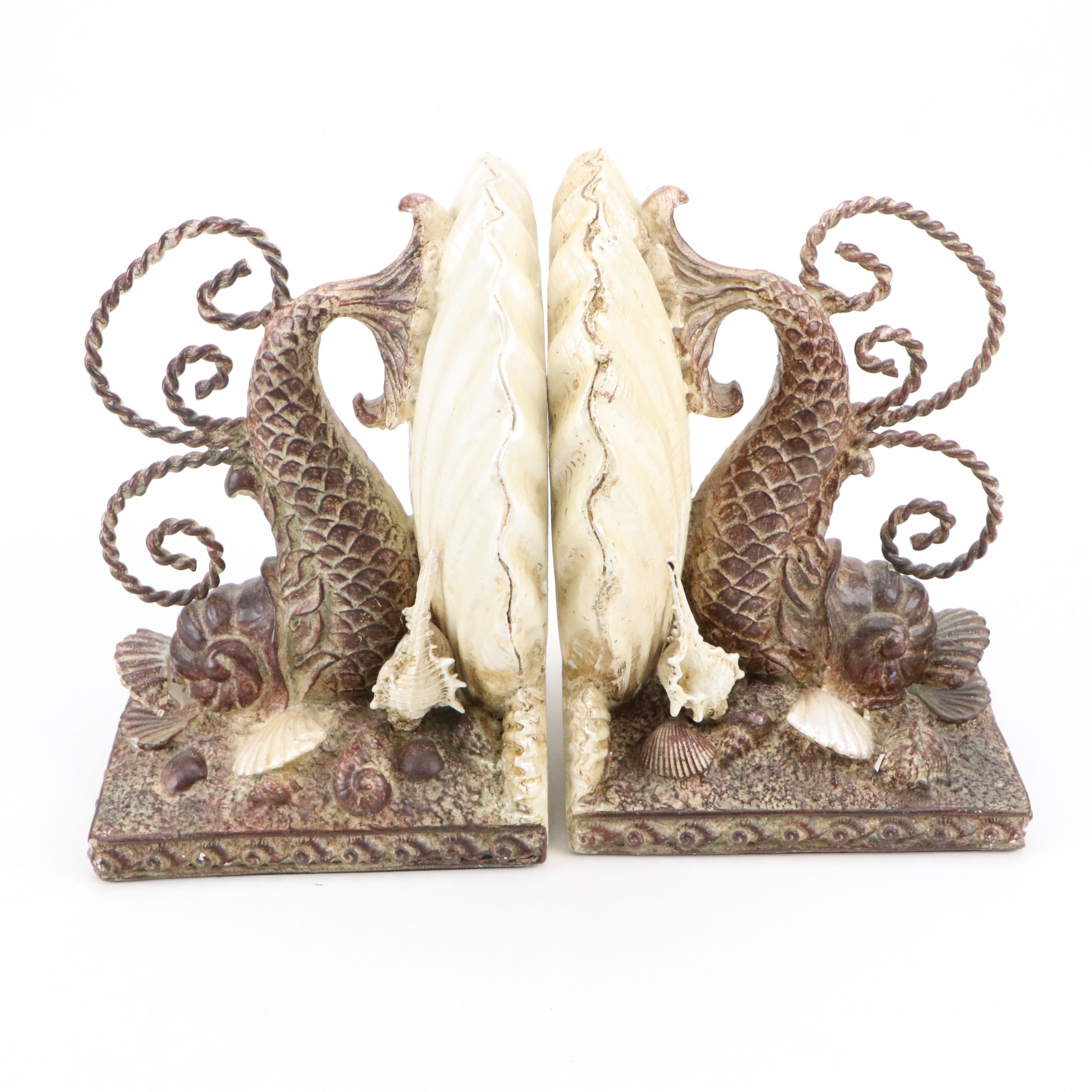Castilian Style Chalkware and Metal Clam Shell and Dolphin Bookends