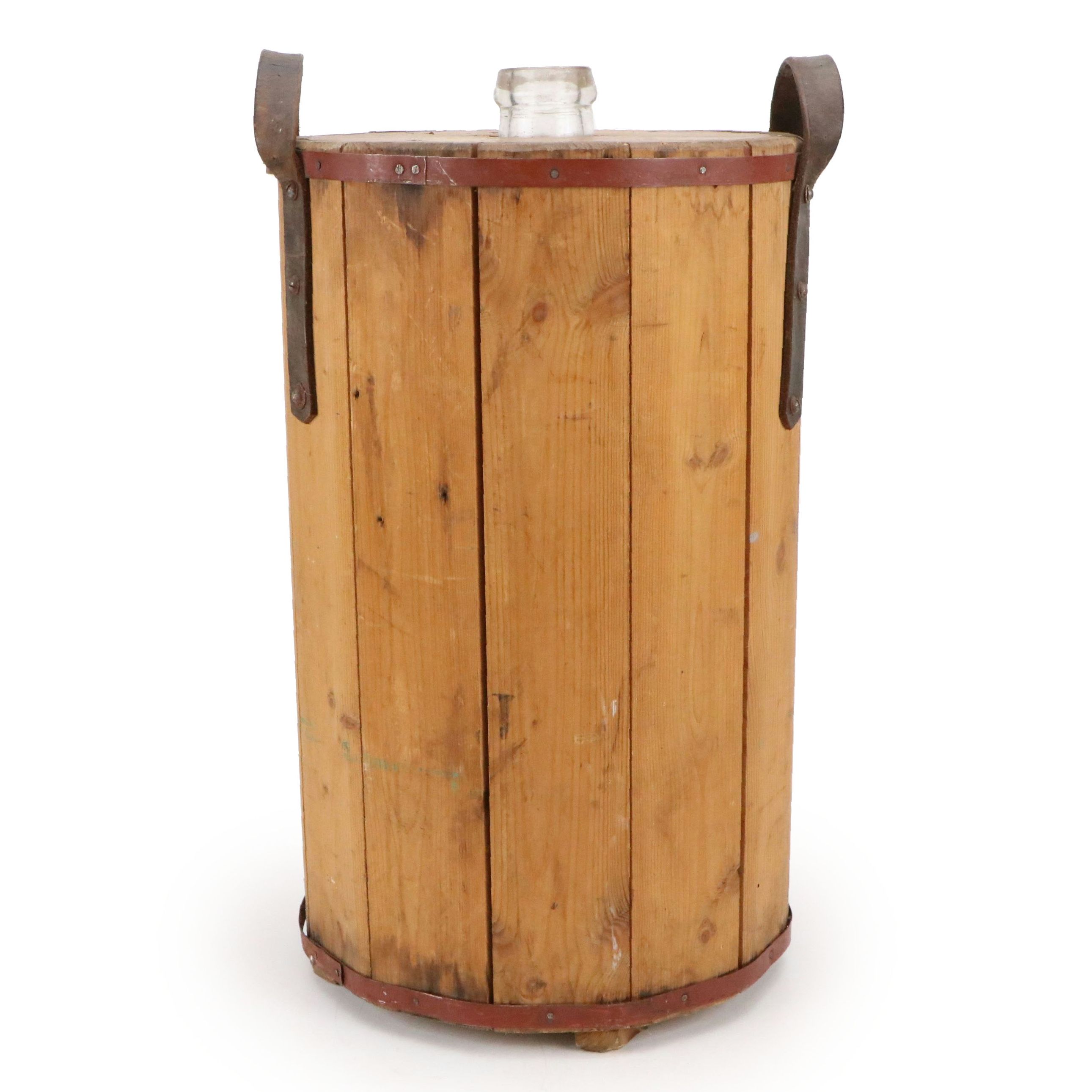 Kerosene Glass Jug in Wood Case with Leather Handles, 20th Century