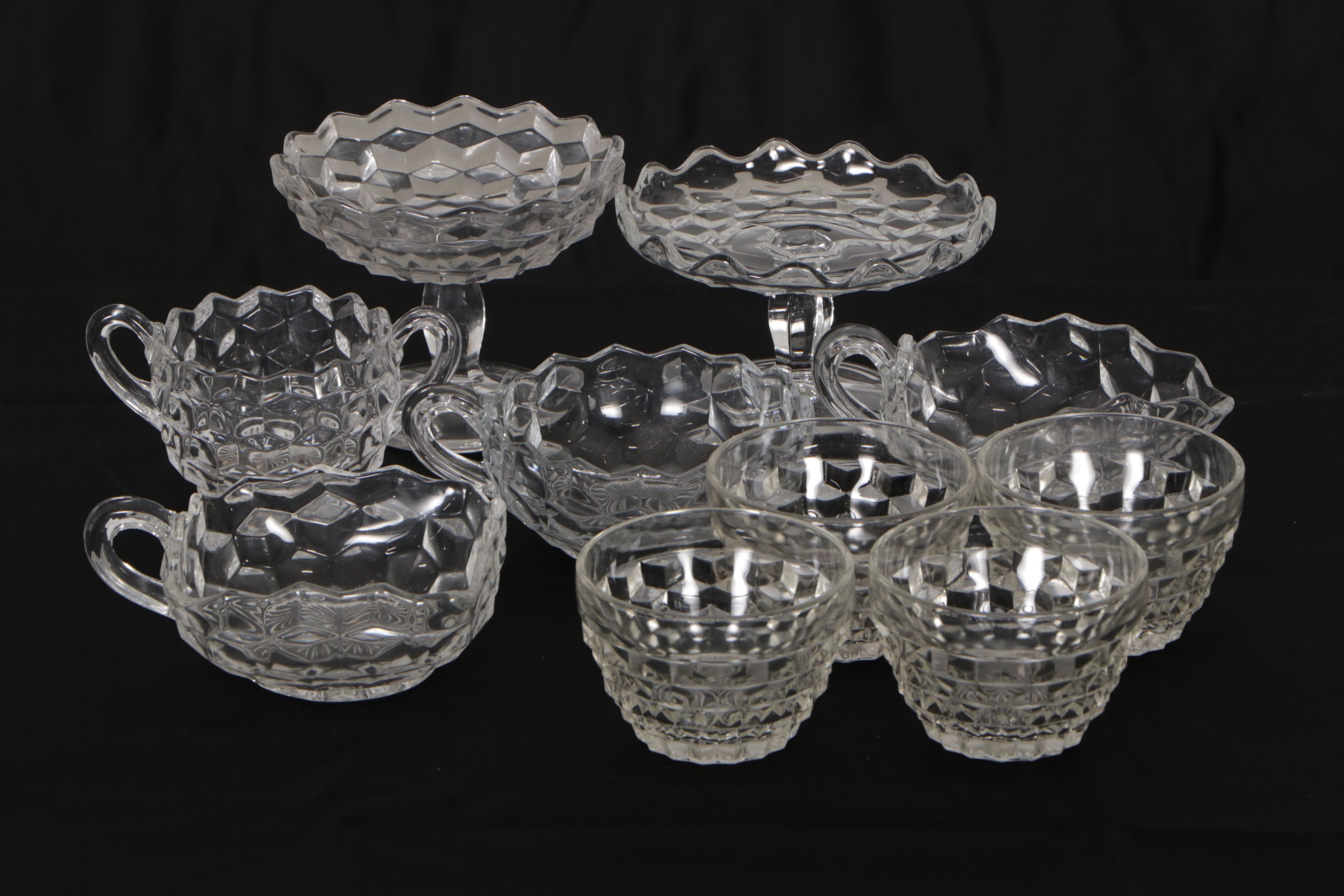 Large Fostoria "American" Glassware Collection Featuring Pair of Fairy Lamps