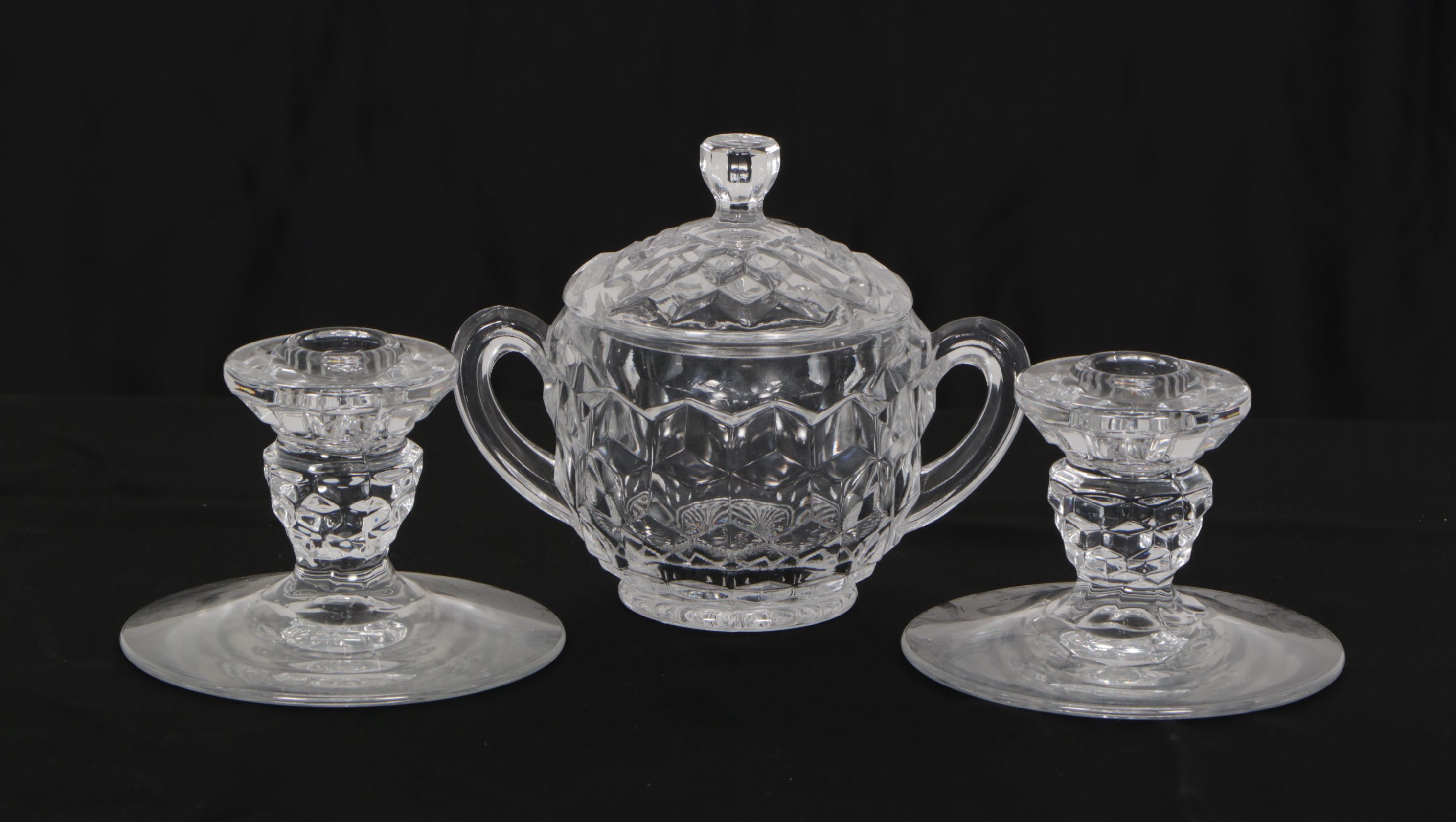 Large Fostoria "American" Glassware Collection Featuring Pair of Fairy Lamps