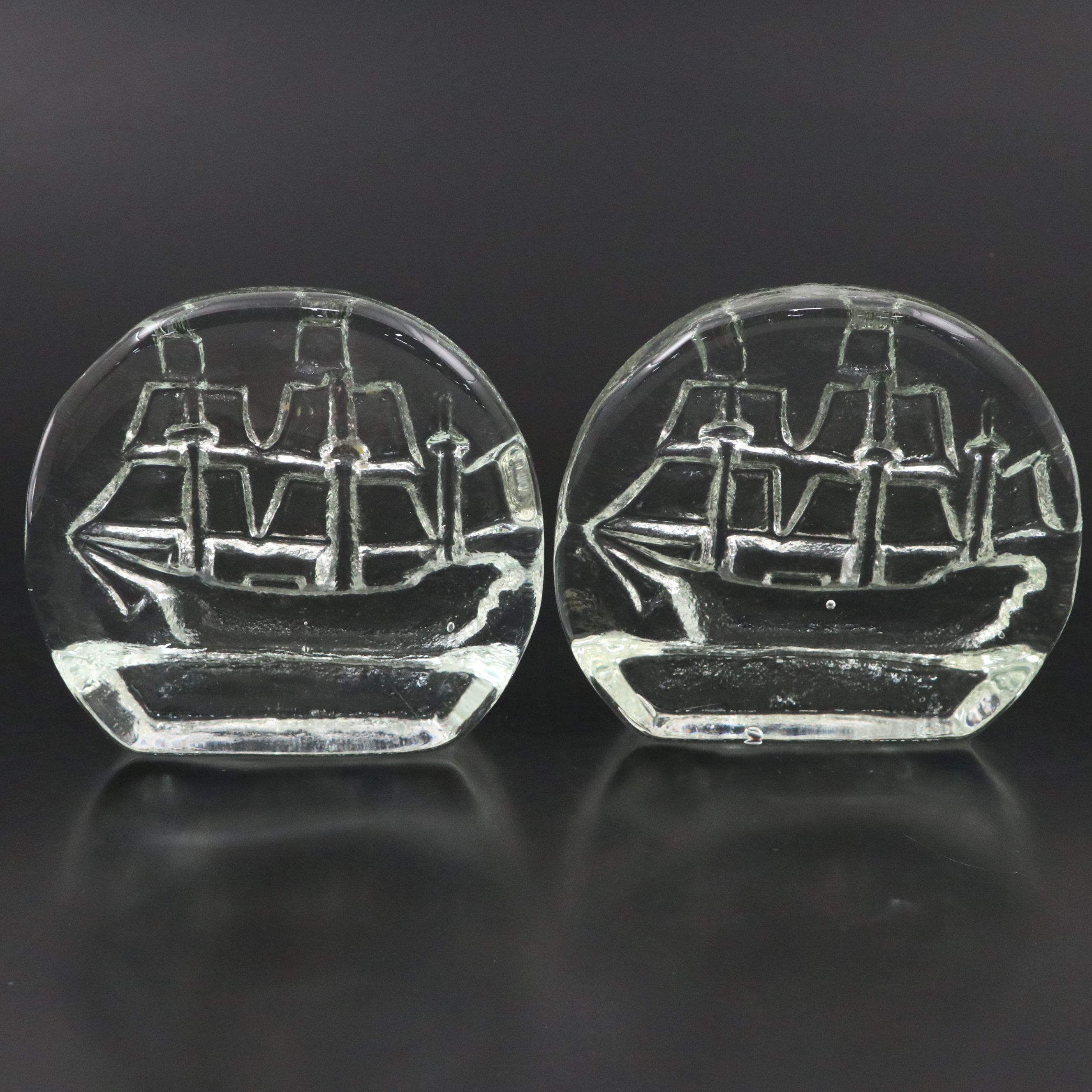 Blenko Glass Clipper Ship Bookends, Mid to Late 20th Century