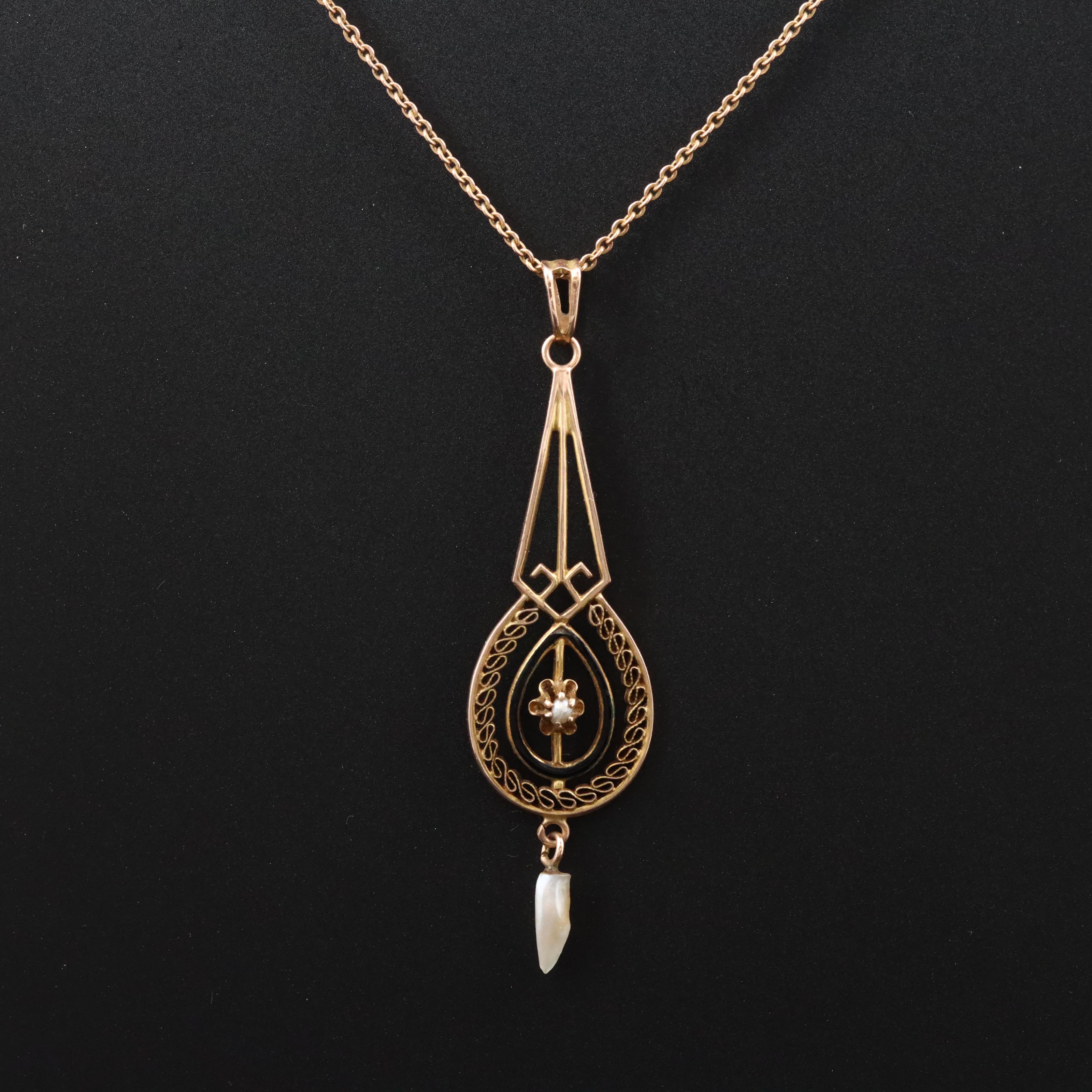 Victorian 10K Seed Pearl and Enamel Lavalier Pendant Necklace