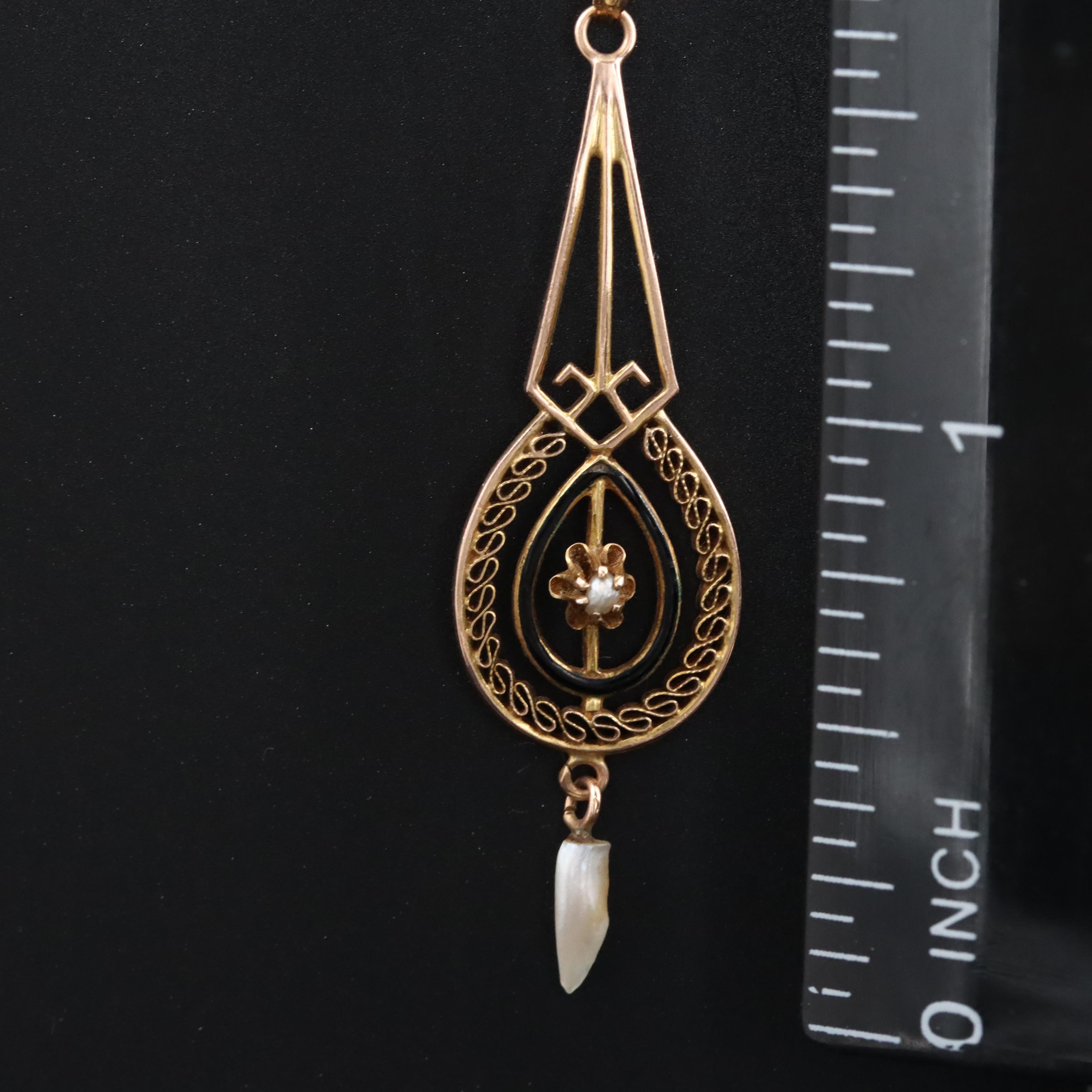 Victorian 10K Seed Pearl and Enamel Lavalier Pendant Necklace