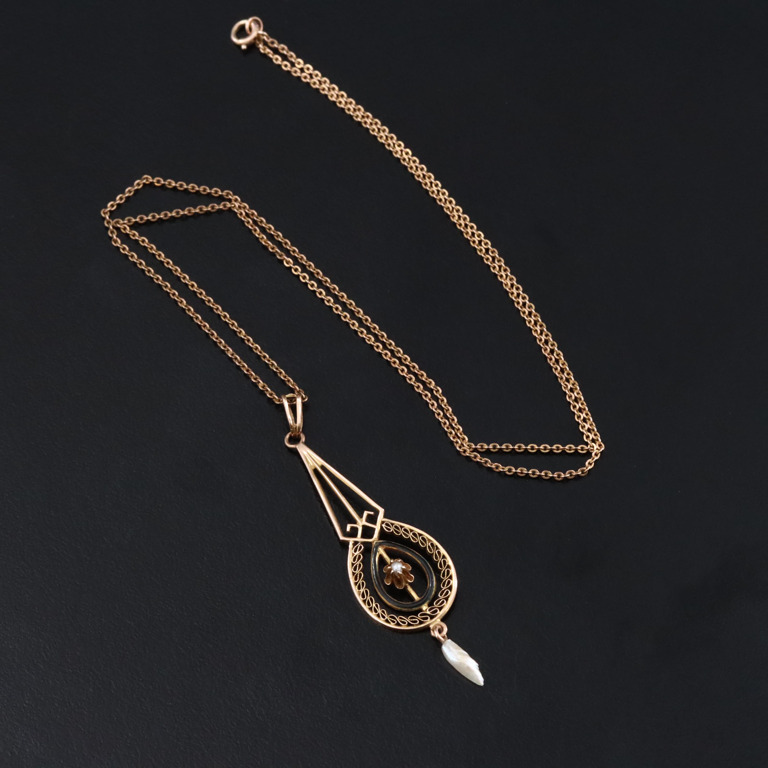 Victorian 10K Seed Pearl and Enamel Lavalier Pendant Necklace