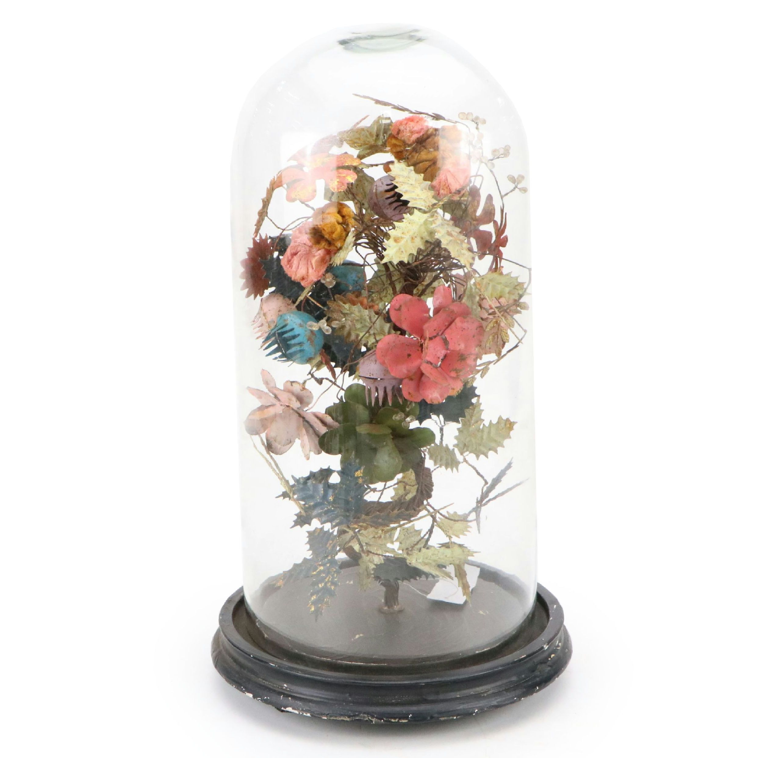 Blue Ocean Traders Victoria Style Toleware Flowers Under Glass Cloche