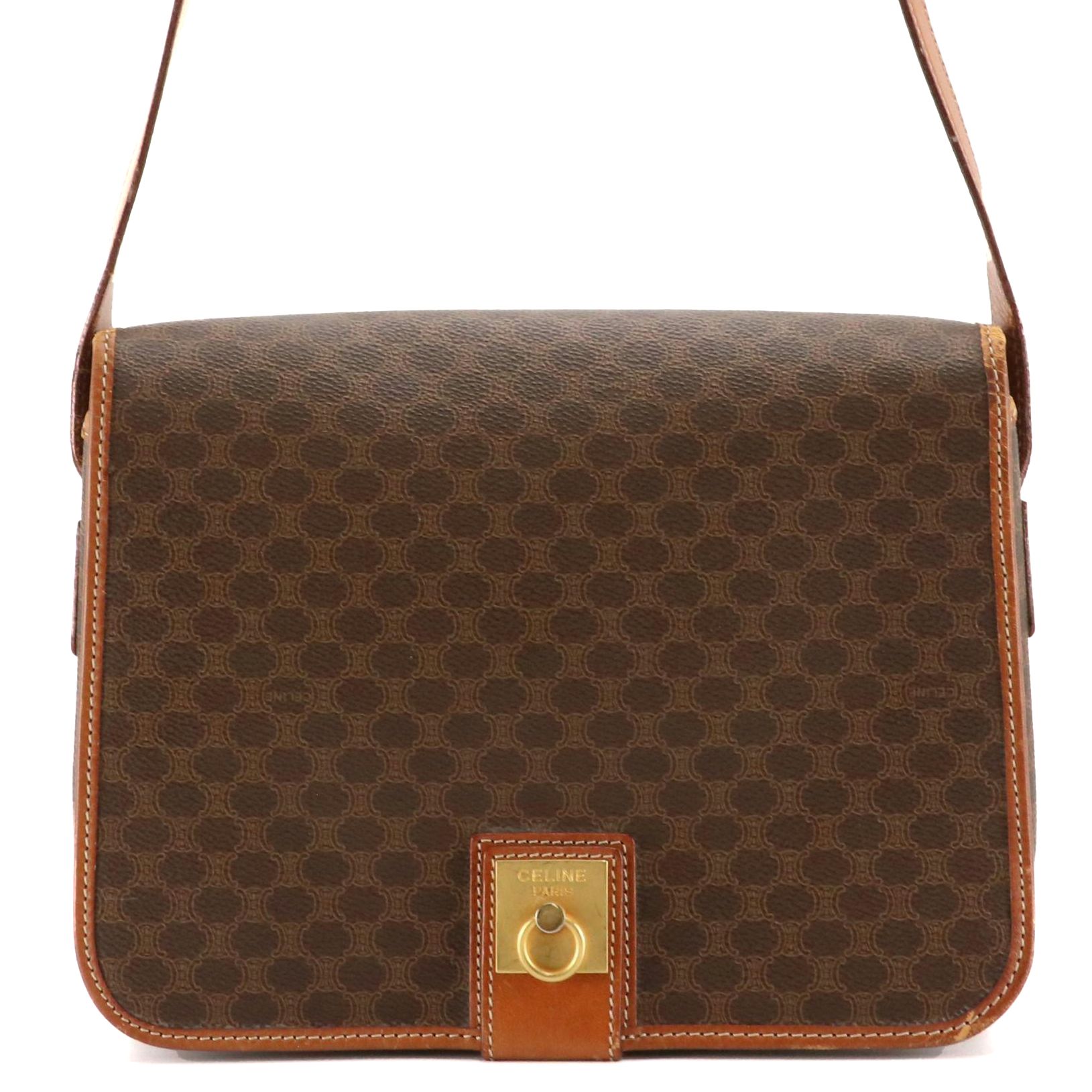 Celine Full Flap Crossbody Bag in Dark Brown Macadam Canvas and Leather