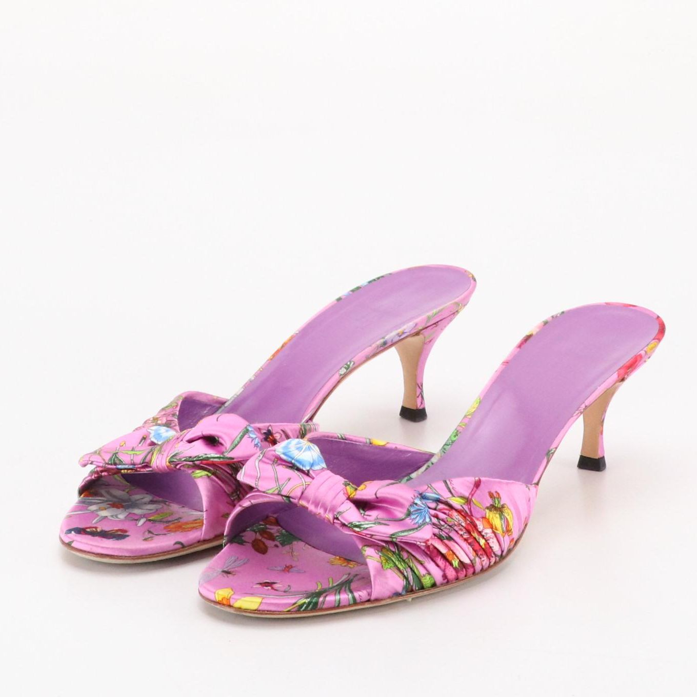 Gucci Lilac Floral Pleated Satin Bow Sandals, With Box