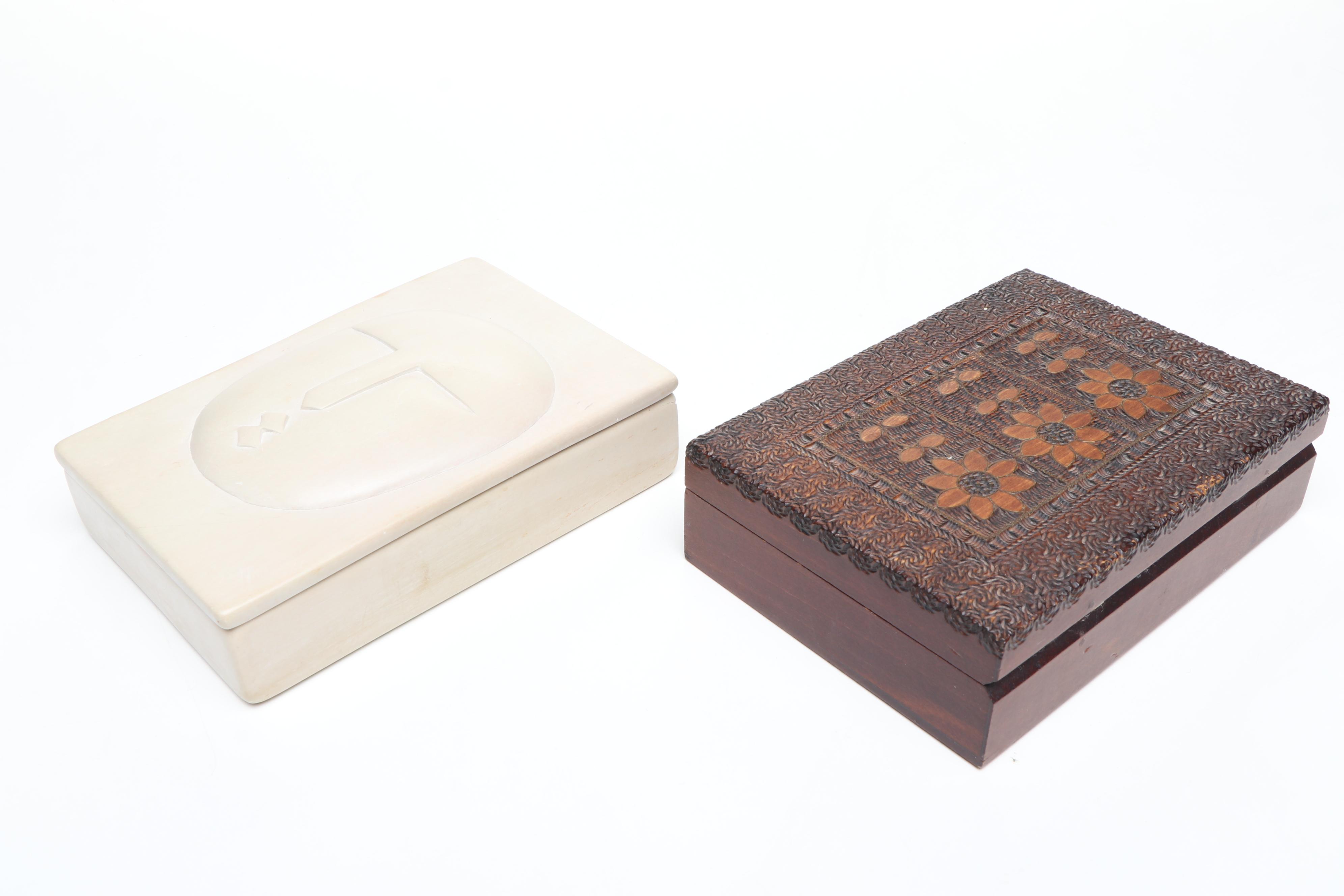 Kenyan Hand-Carved Soapstone Box with Polish Chip-Carved Sunflowers Wood Box