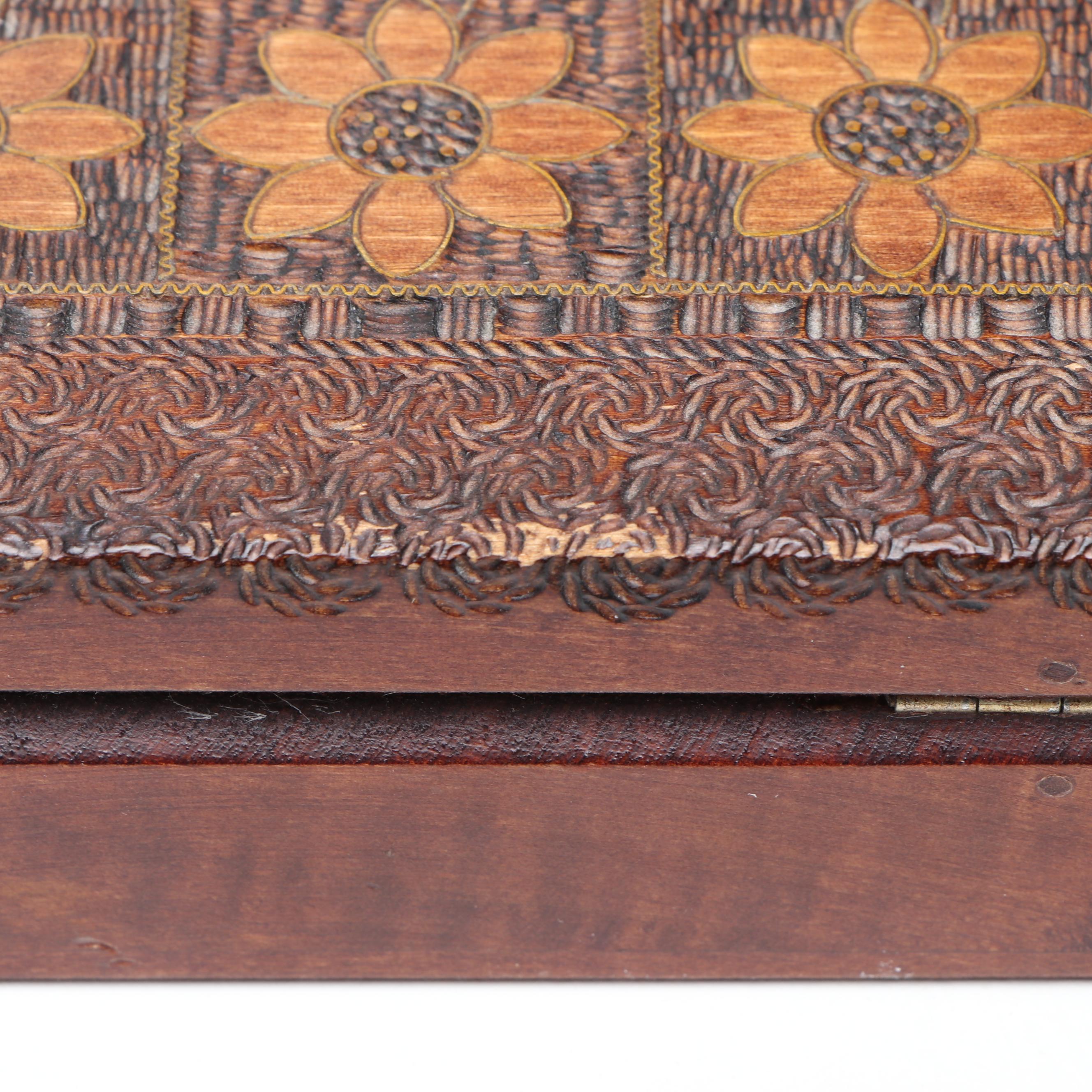 Kenyan Hand-Carved Soapstone Box with Polish Chip-Carved Sunflowers Wood Box