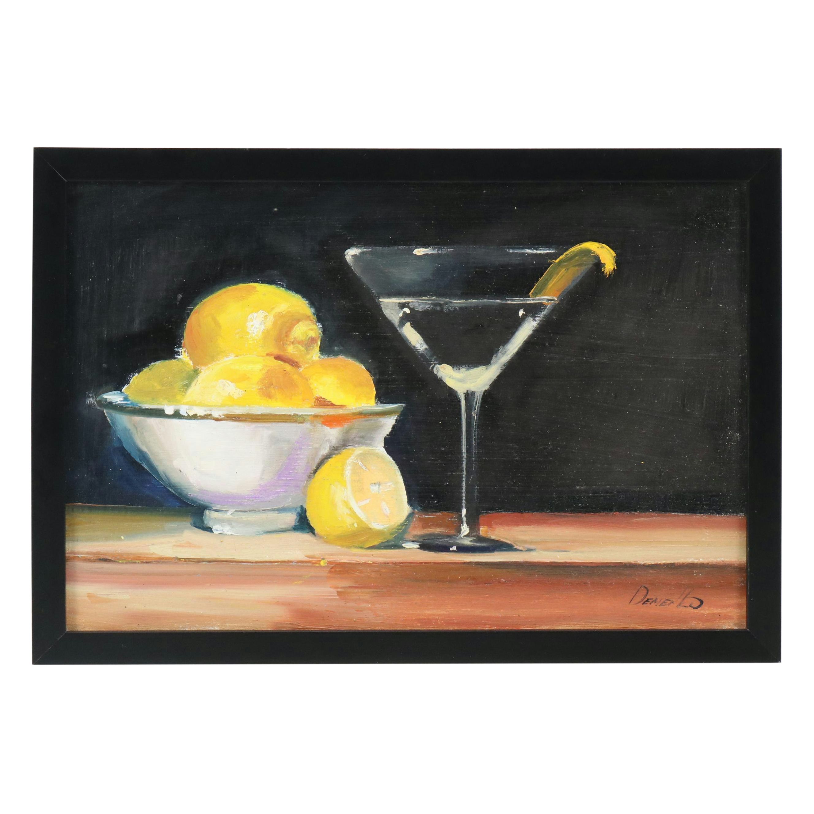 Natalia Demenko Still Life Oil Painting with Lemons and Martini, 21st Century