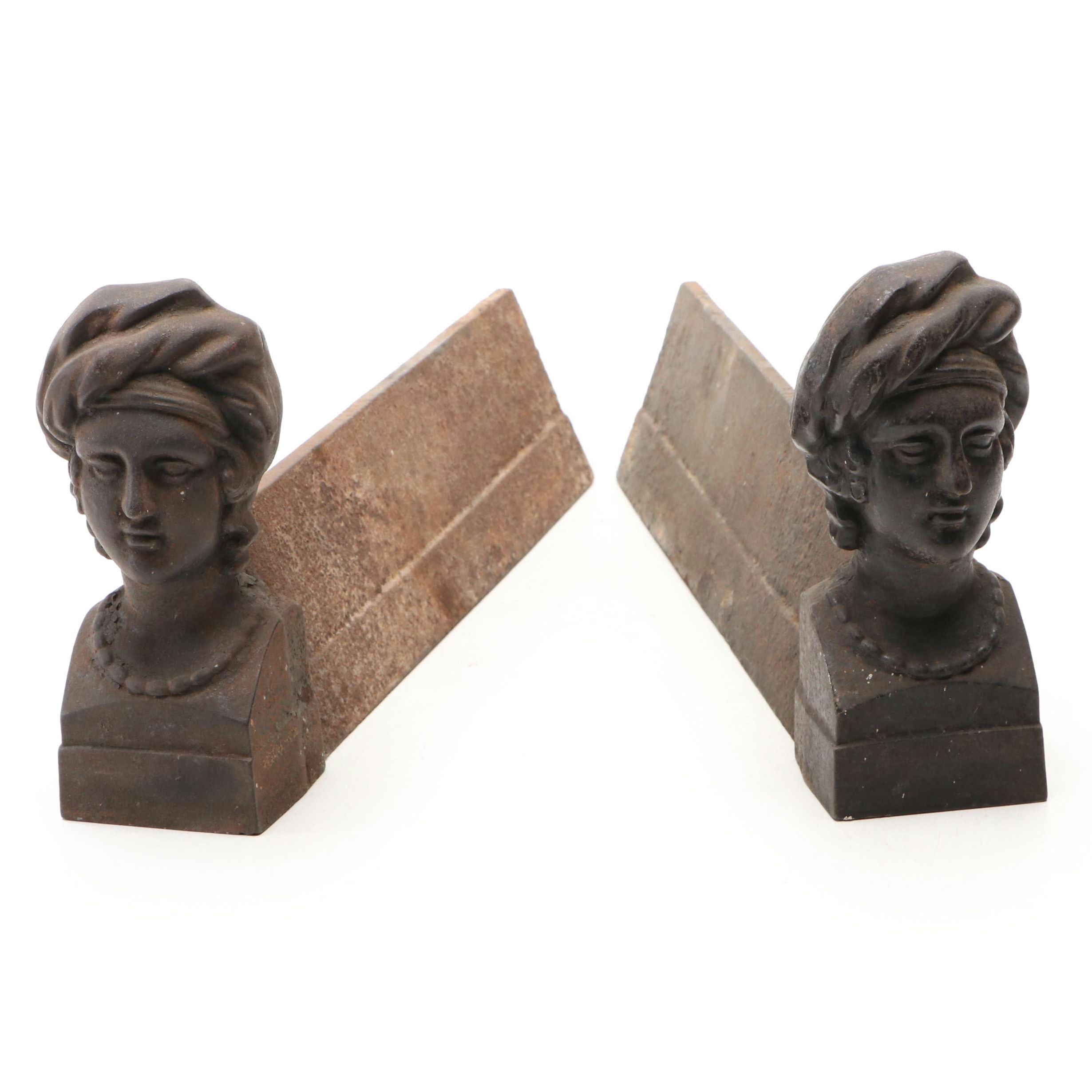 Pair of French Style Cast Iron Bust Andirons, 19th Century