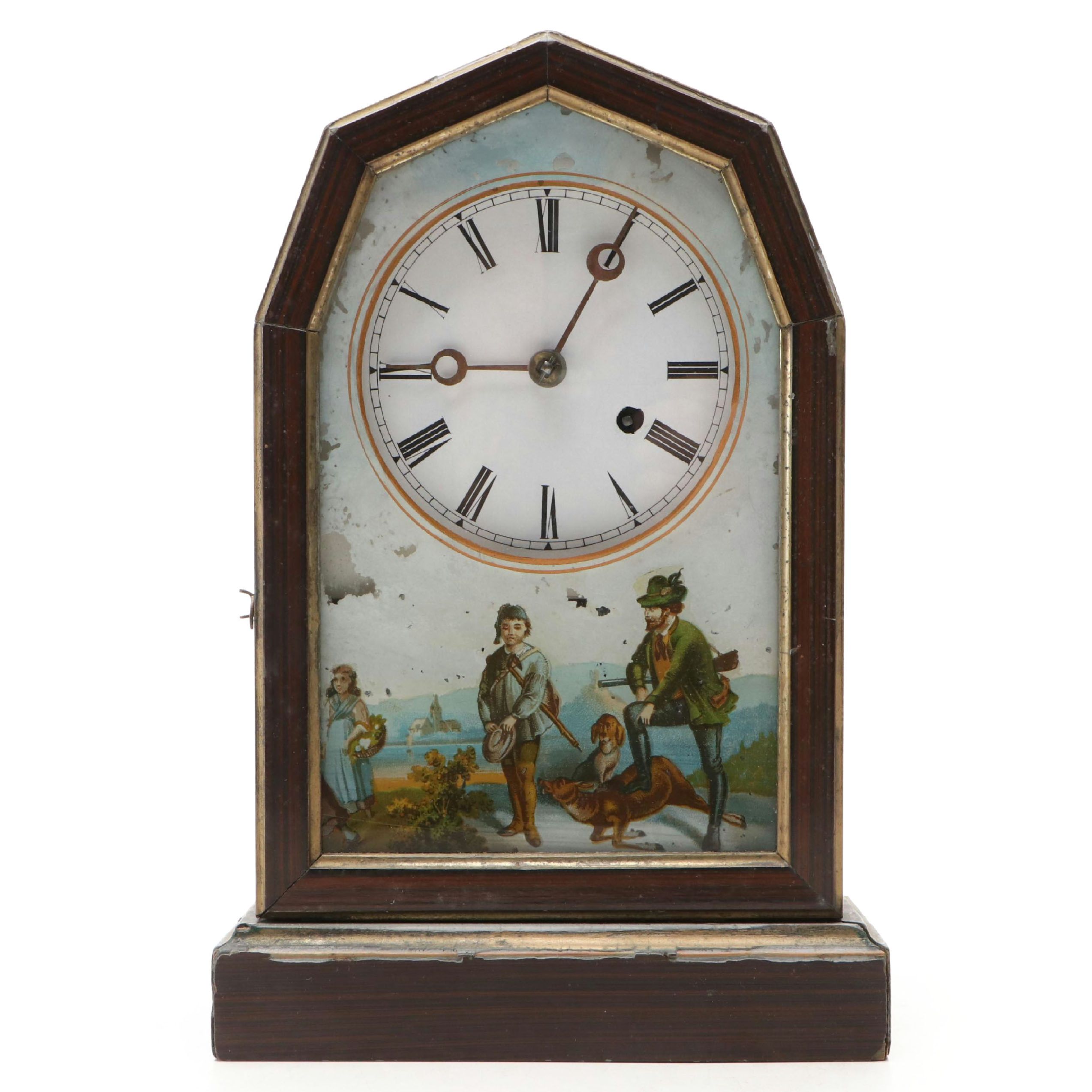 Wooden Mantel Clock with Hunting Scene, Late 19th Century