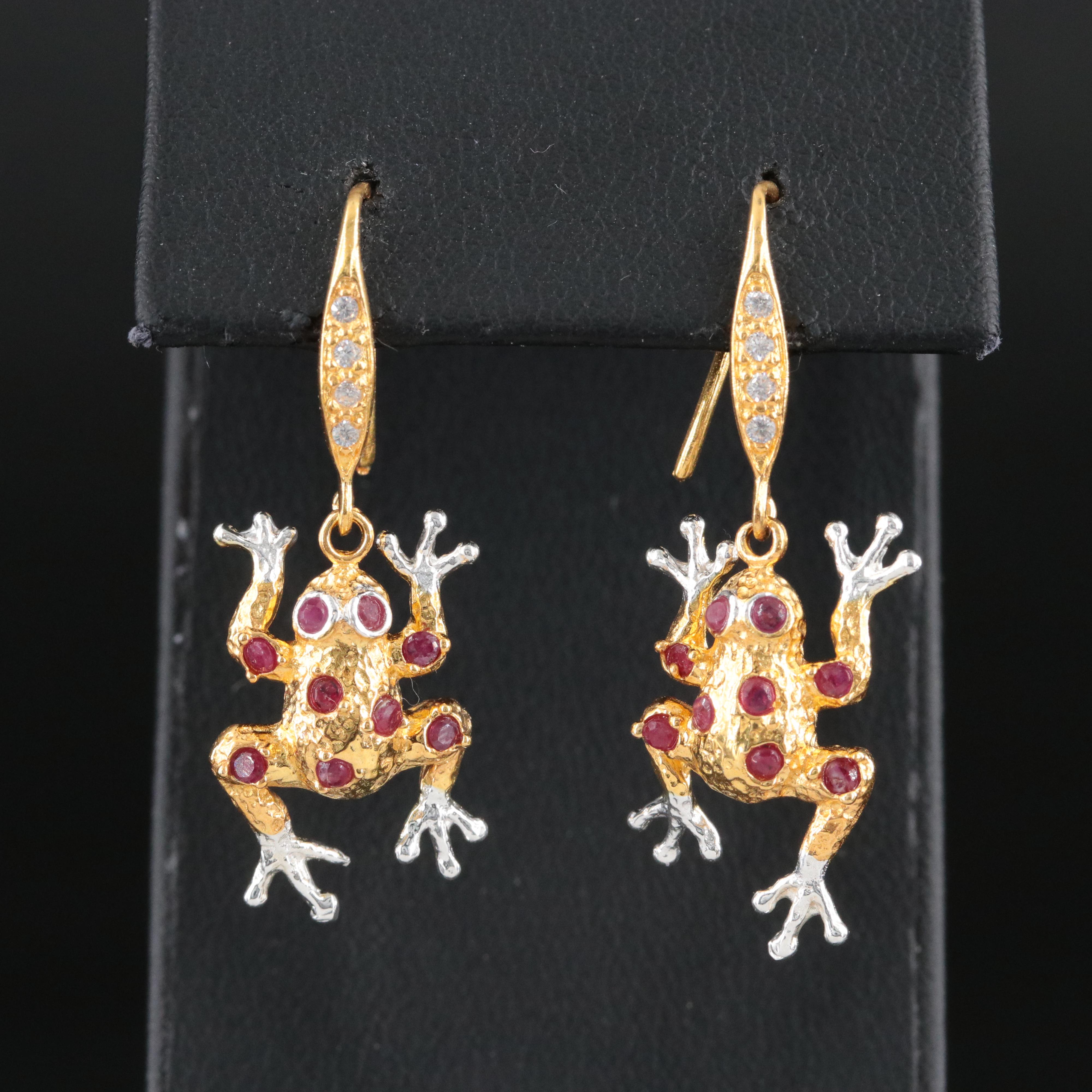 Sterling Ruby and Cubic Zirconia Leaping Frog Drop Earrings