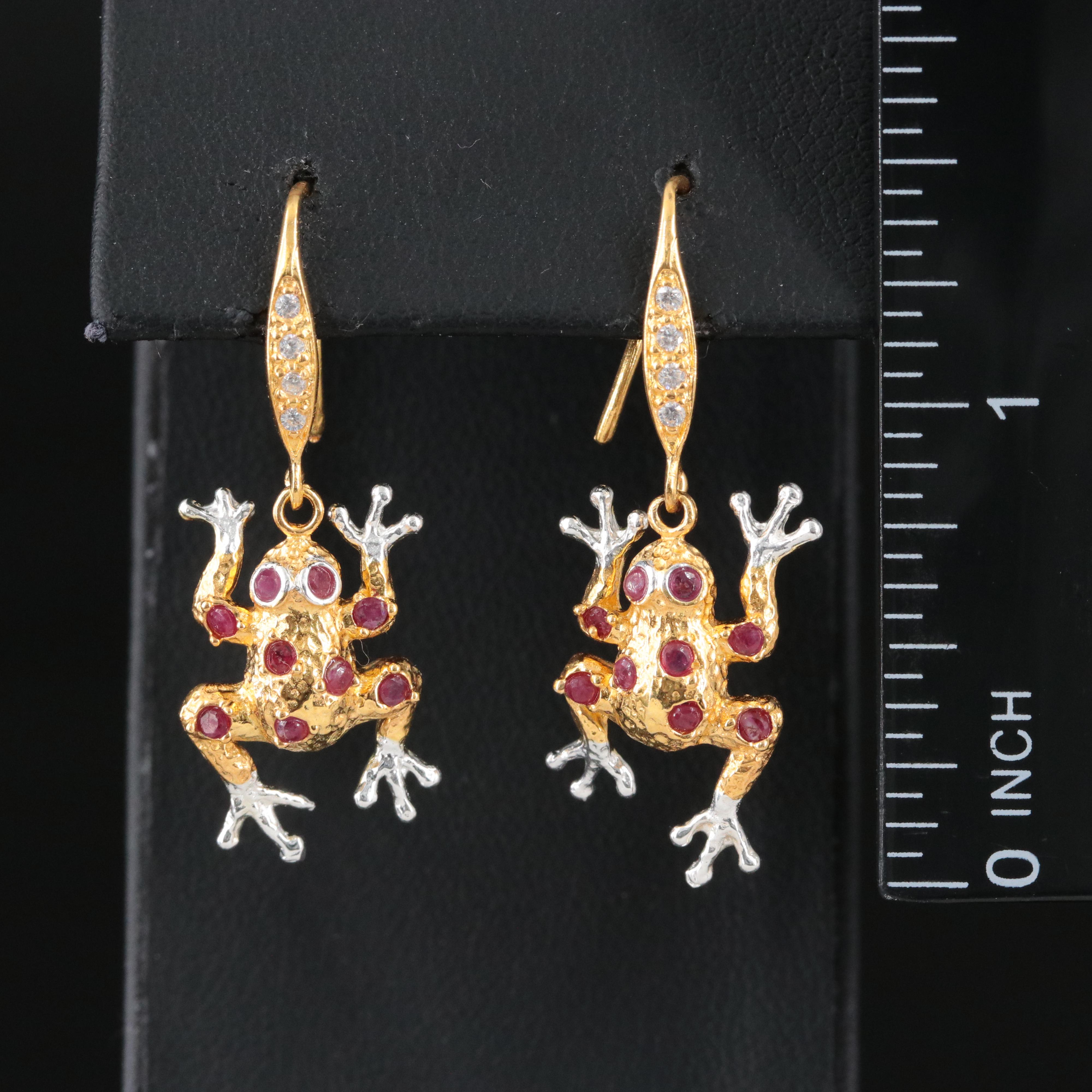 Sterling Ruby and Cubic Zirconia Leaping Frog Drop Earrings