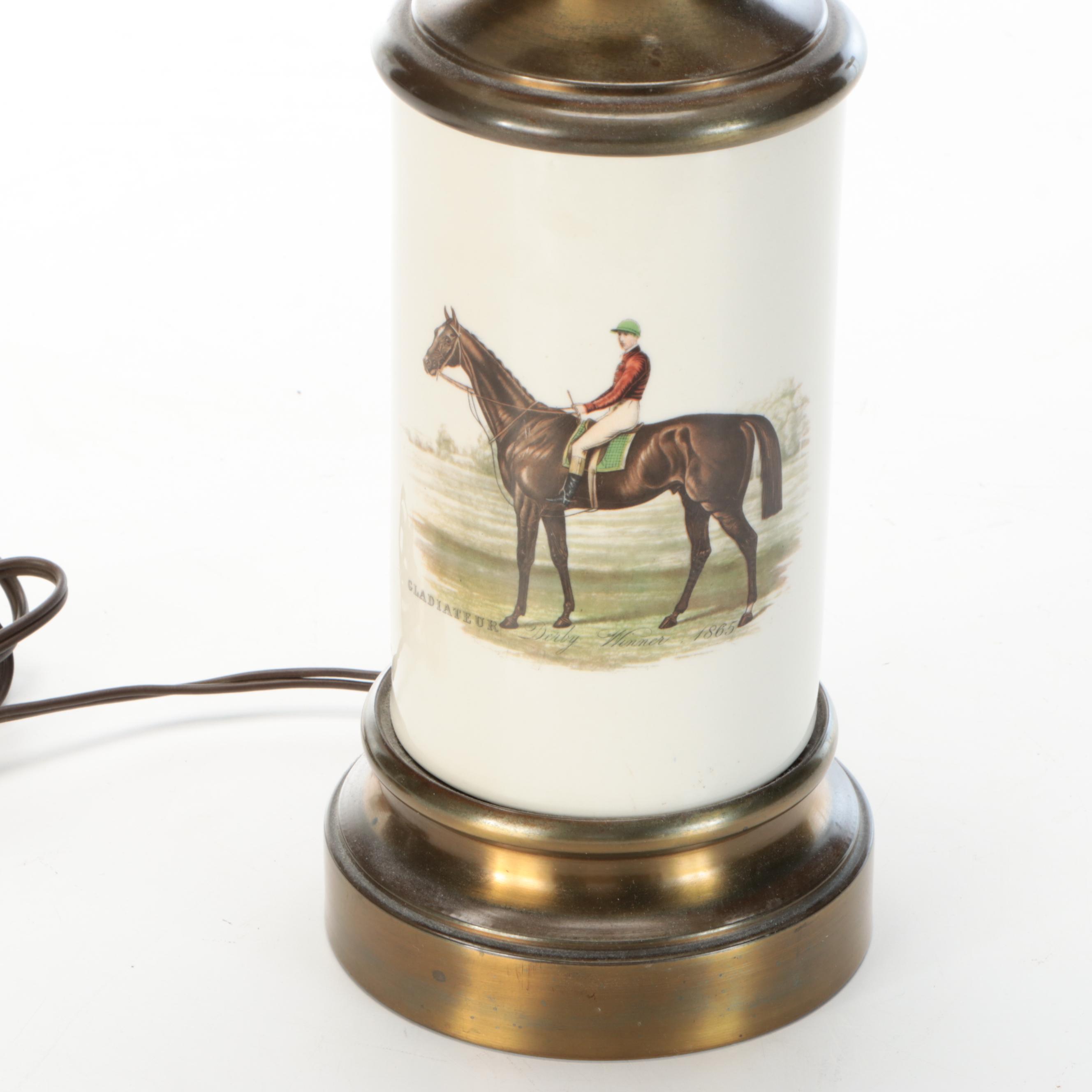 English Derby Print on Continental Oil Lamp Style Table Lamp, Silk Shade