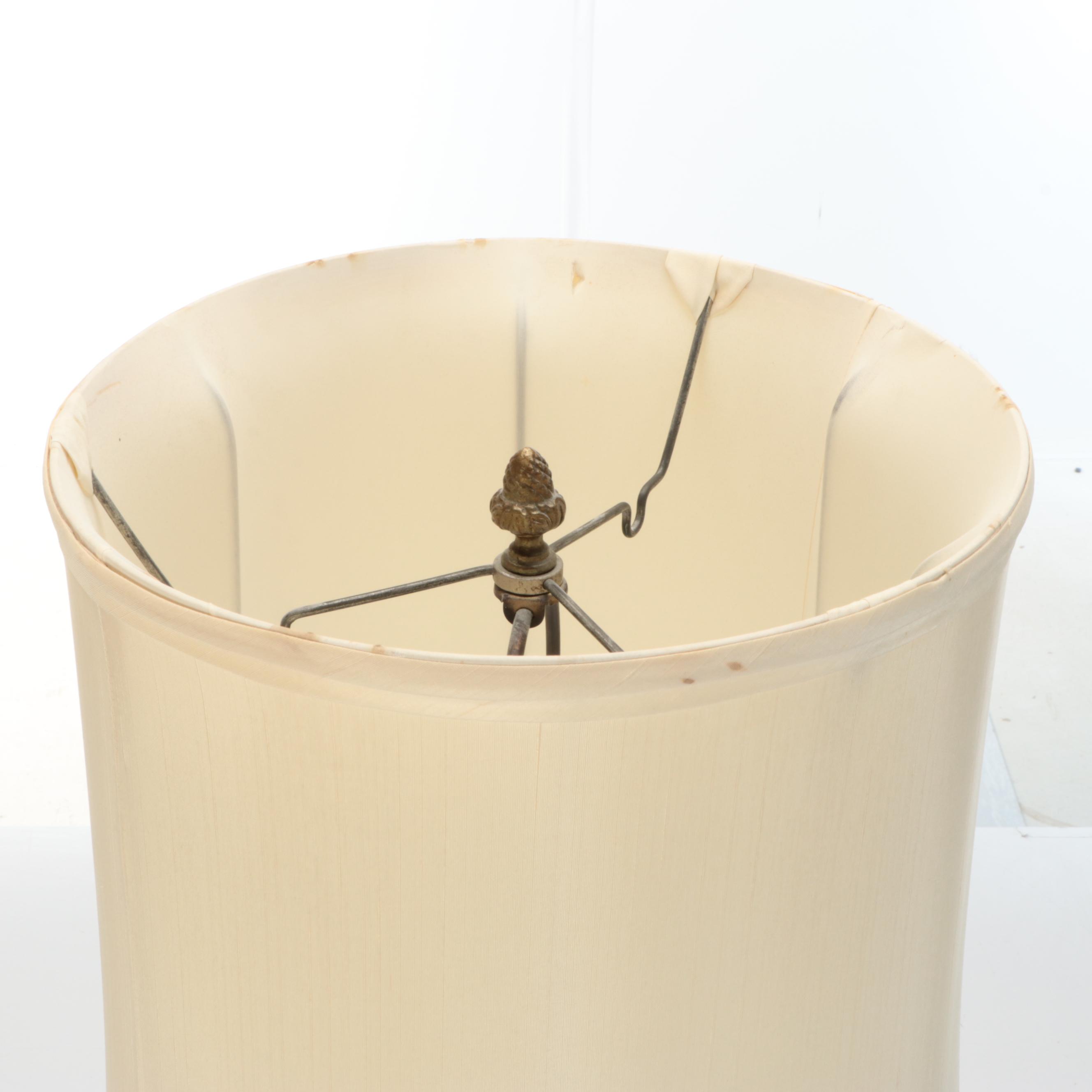 English Derby Print on Continental Oil Lamp Style Table Lamp, Silk Shade