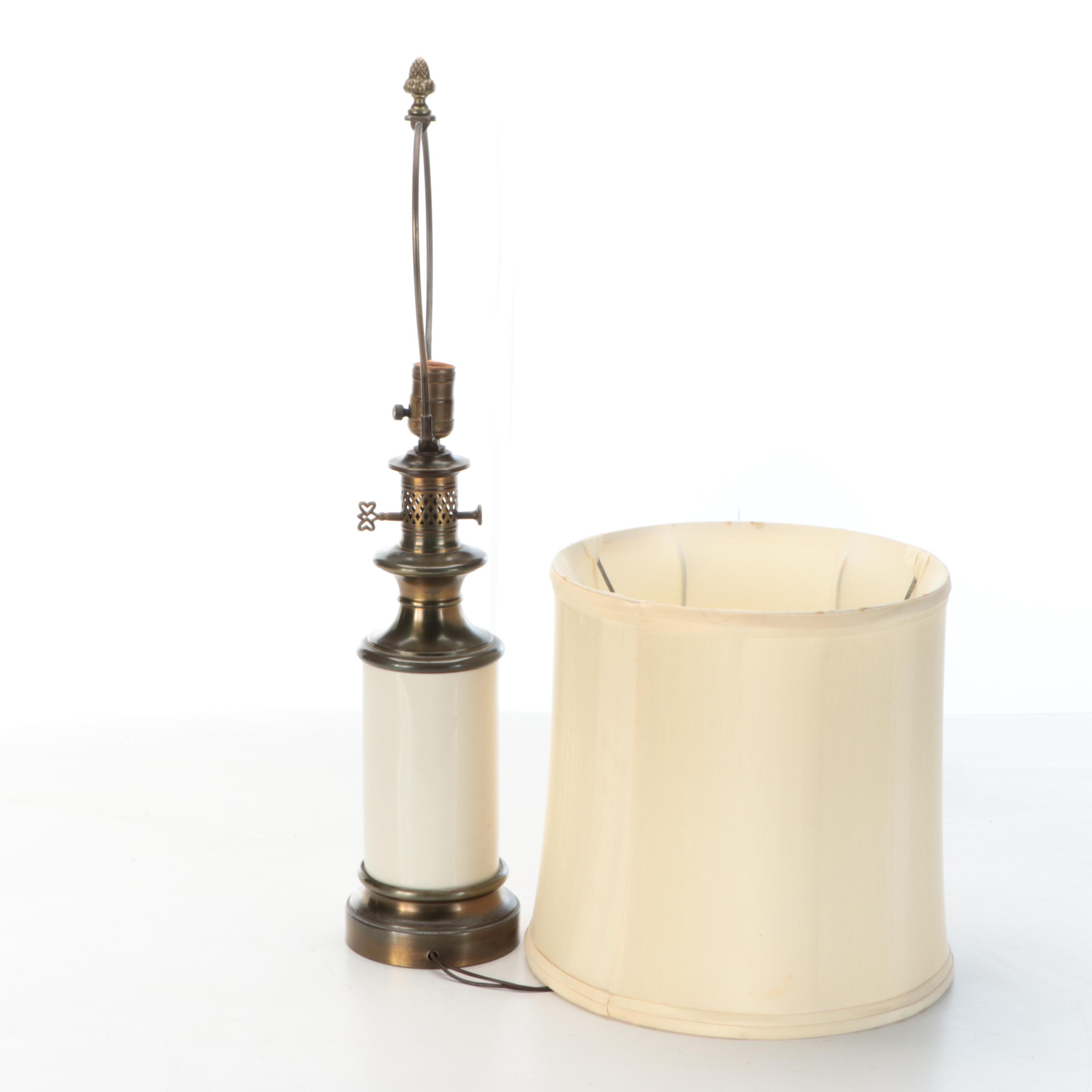 English Derby Print on Continental Oil Lamp Style Table Lamp, Silk Shade