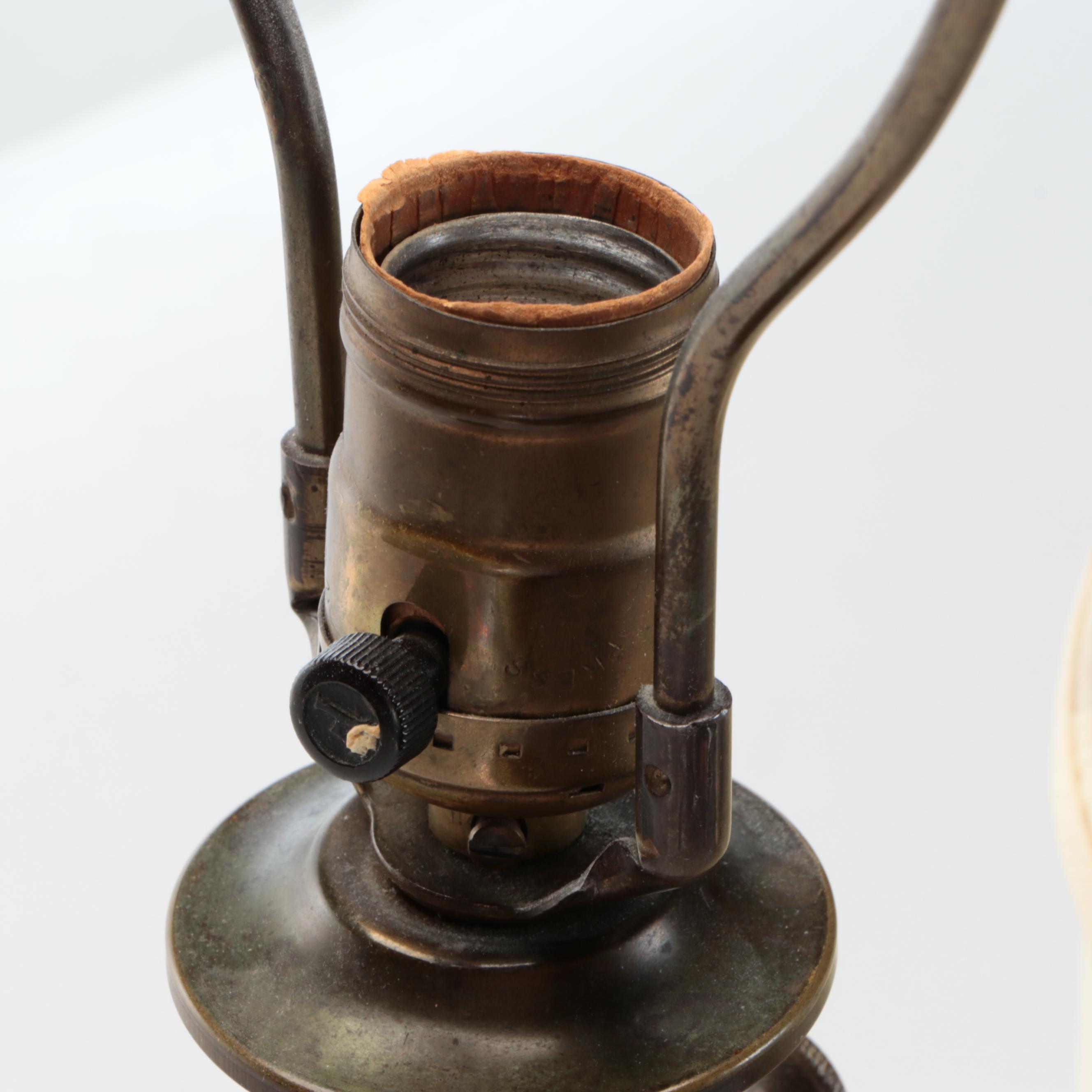 English Derby Print on Continental Oil Lamp Style Table Lamp, Silk Shade