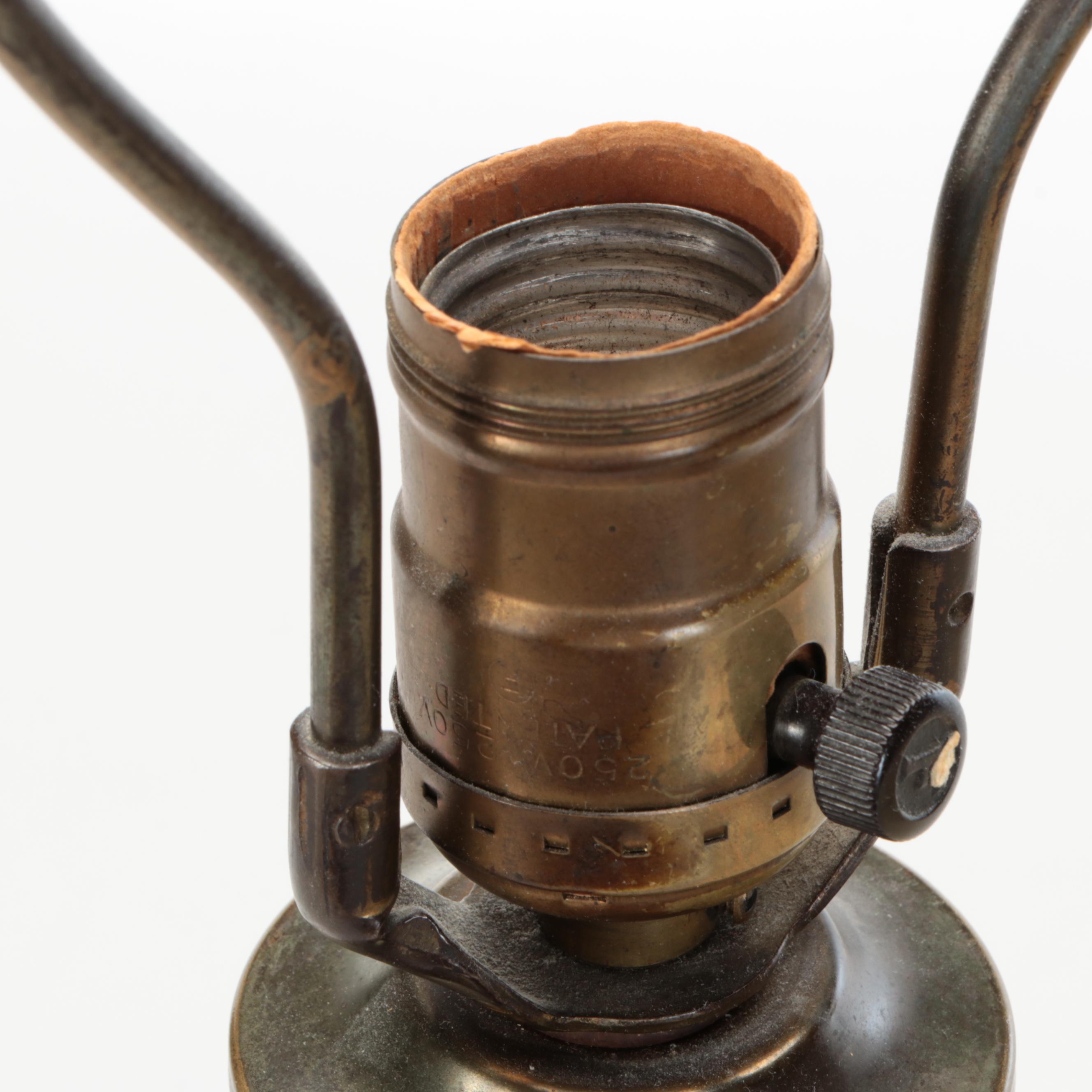 English Derby Print on Continental Oil Lamp Style Table Lamp, Silk Shade