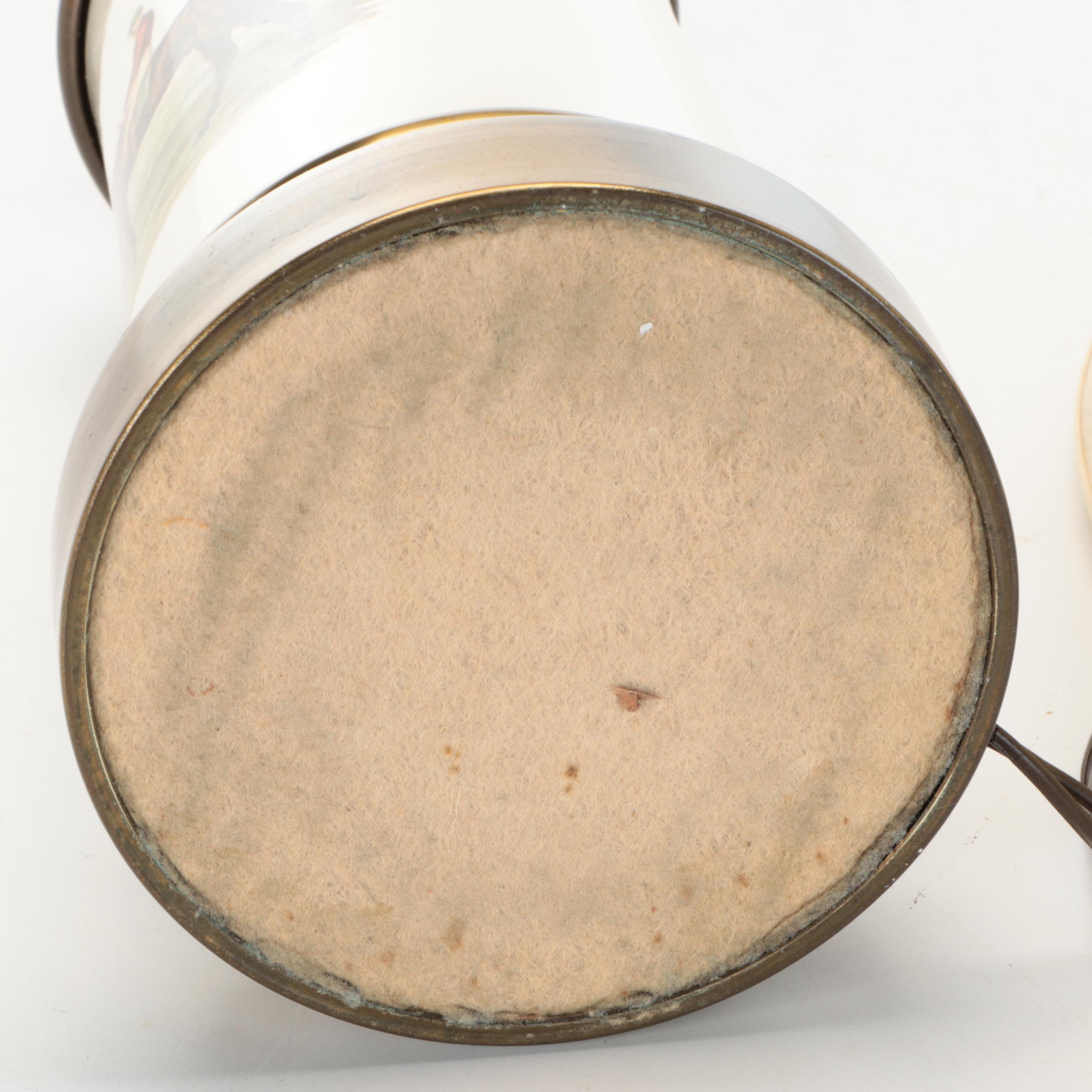 English Derby Print on Continental Oil Lamp Style Table Lamp, Silk Shade