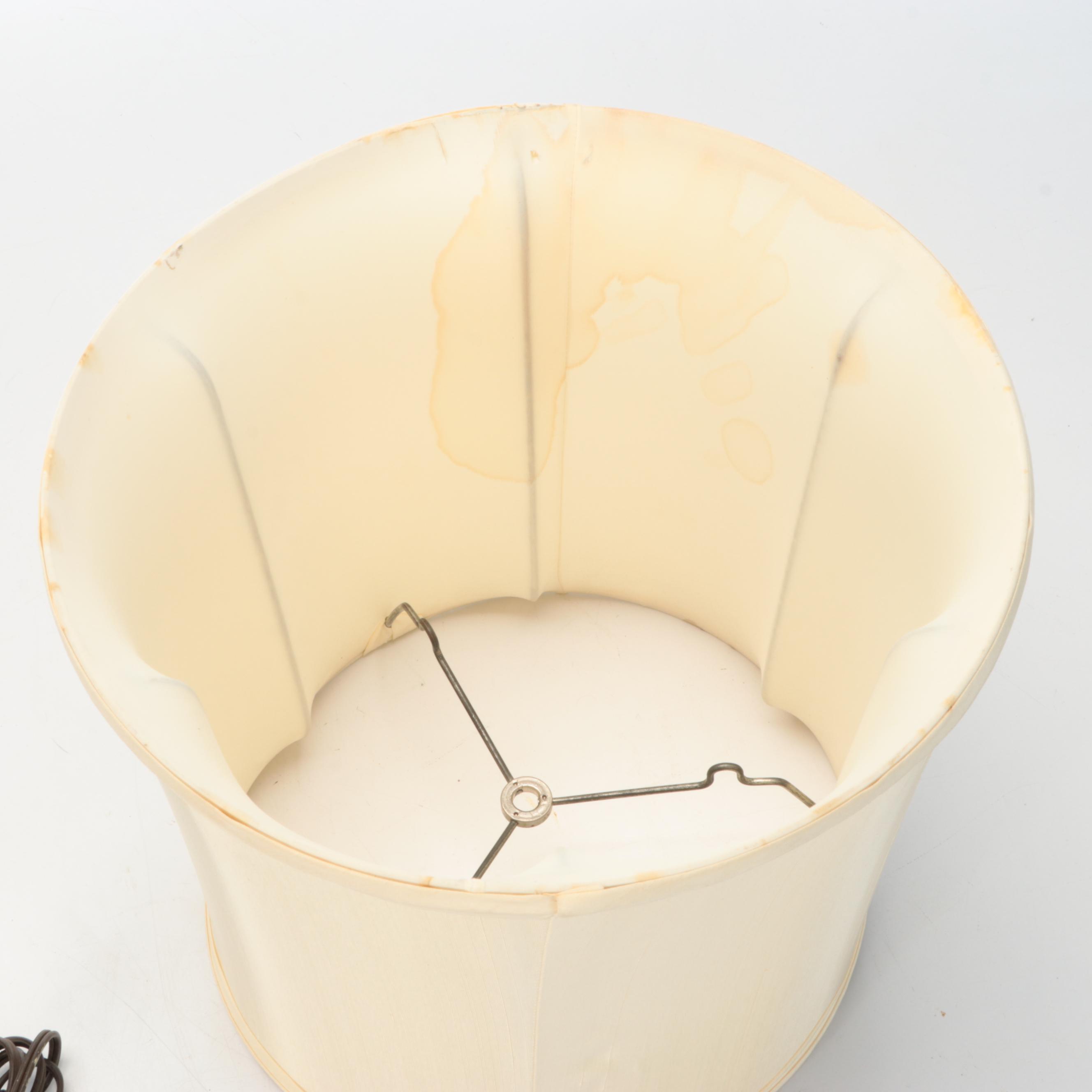 English Derby Print on Continental Oil Lamp Style Table Lamp, Silk Shade