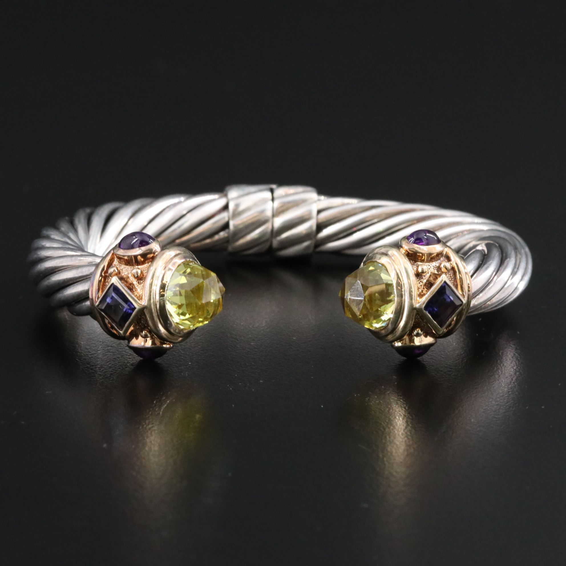 David Yurman Renaissance Sterling, 14K and Gemstone Hinged Cable Bracelet