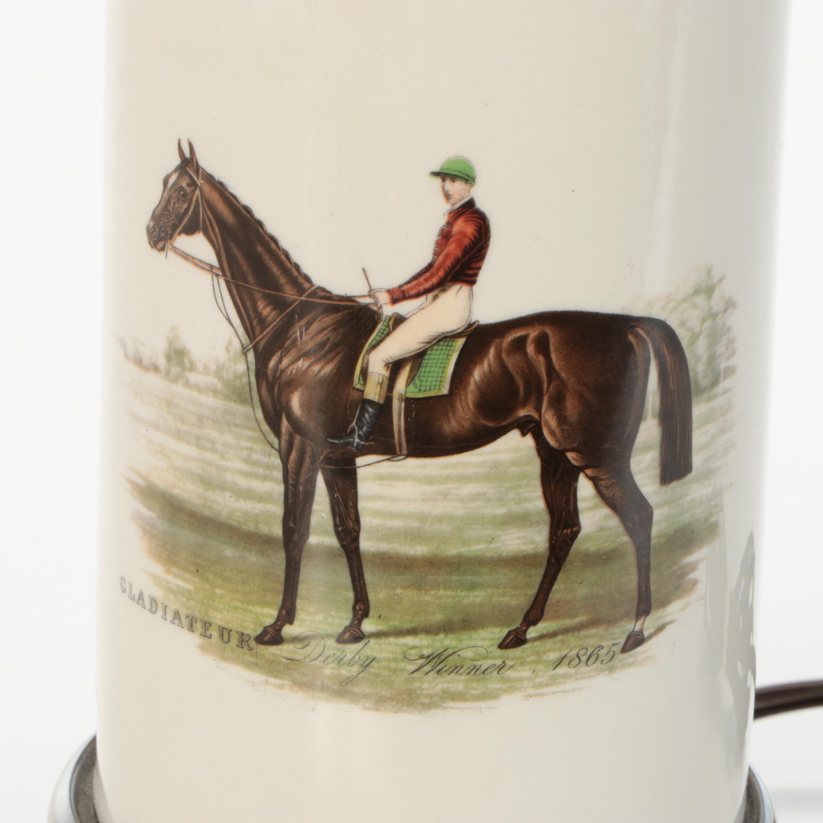English Derby Print on Continental Oil Lamp Style Table Lamp, Silk Shade