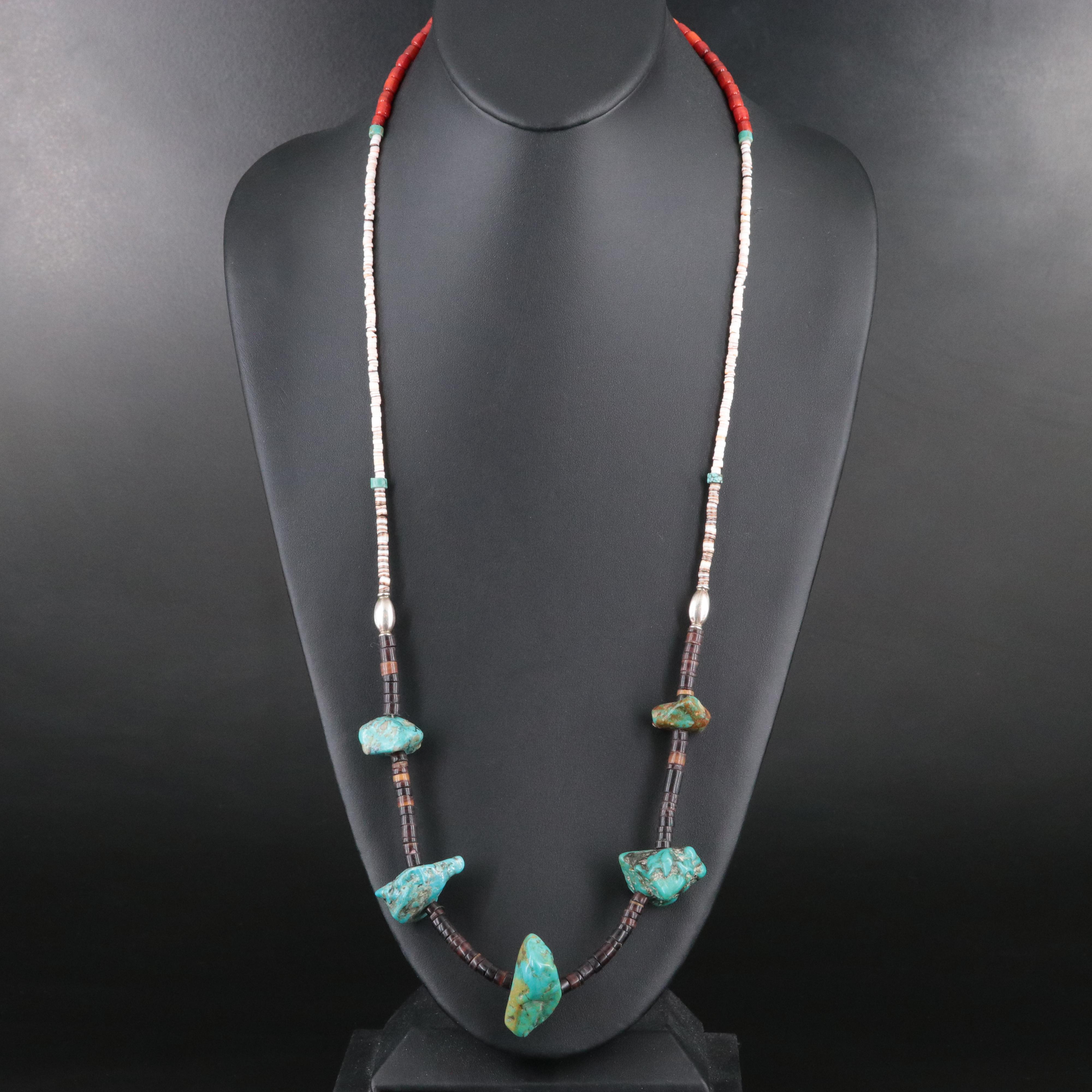 Sterling Turquoise, Coral and Shell Bead Necklace