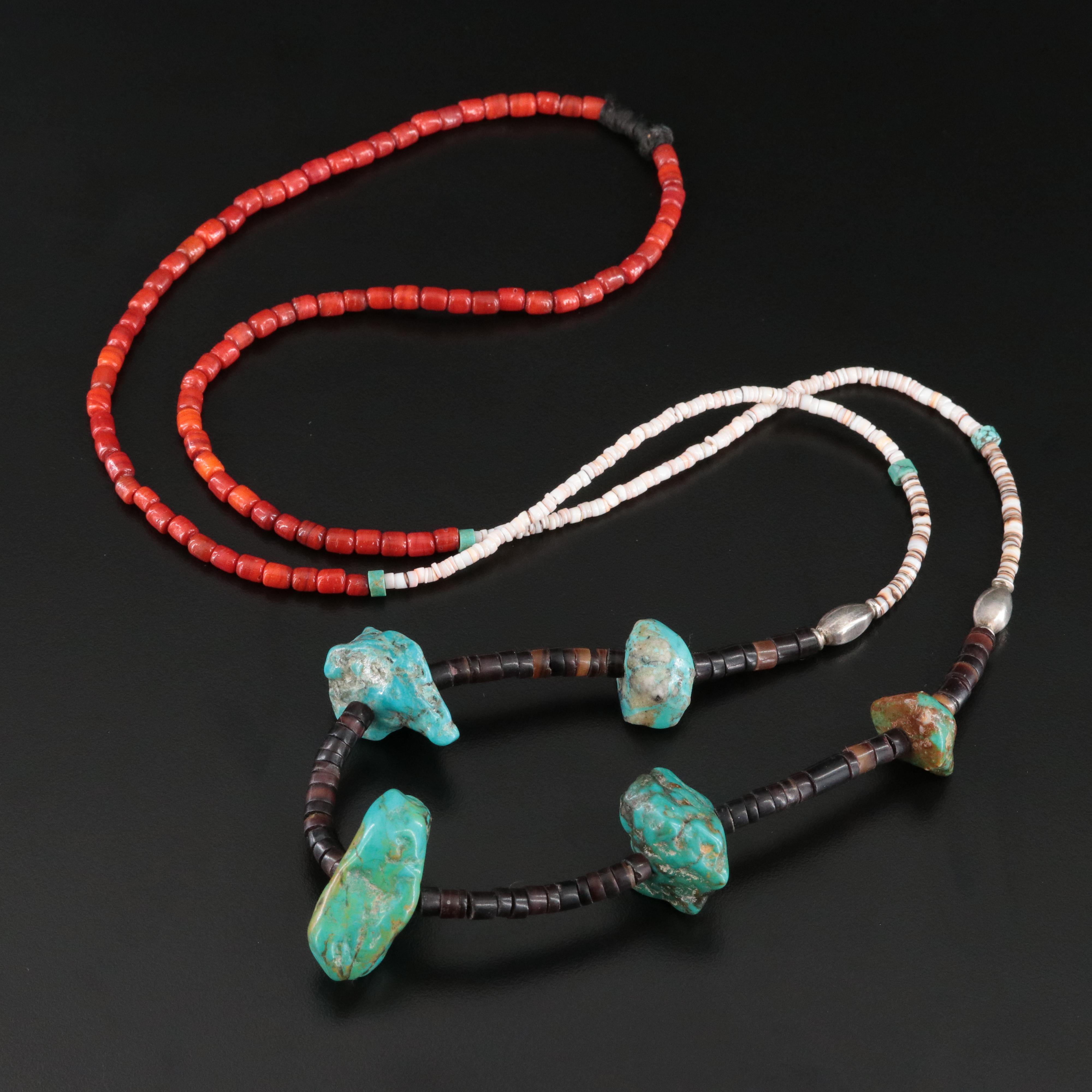 Sterling Turquoise, Coral and Shell Bead Necklace
