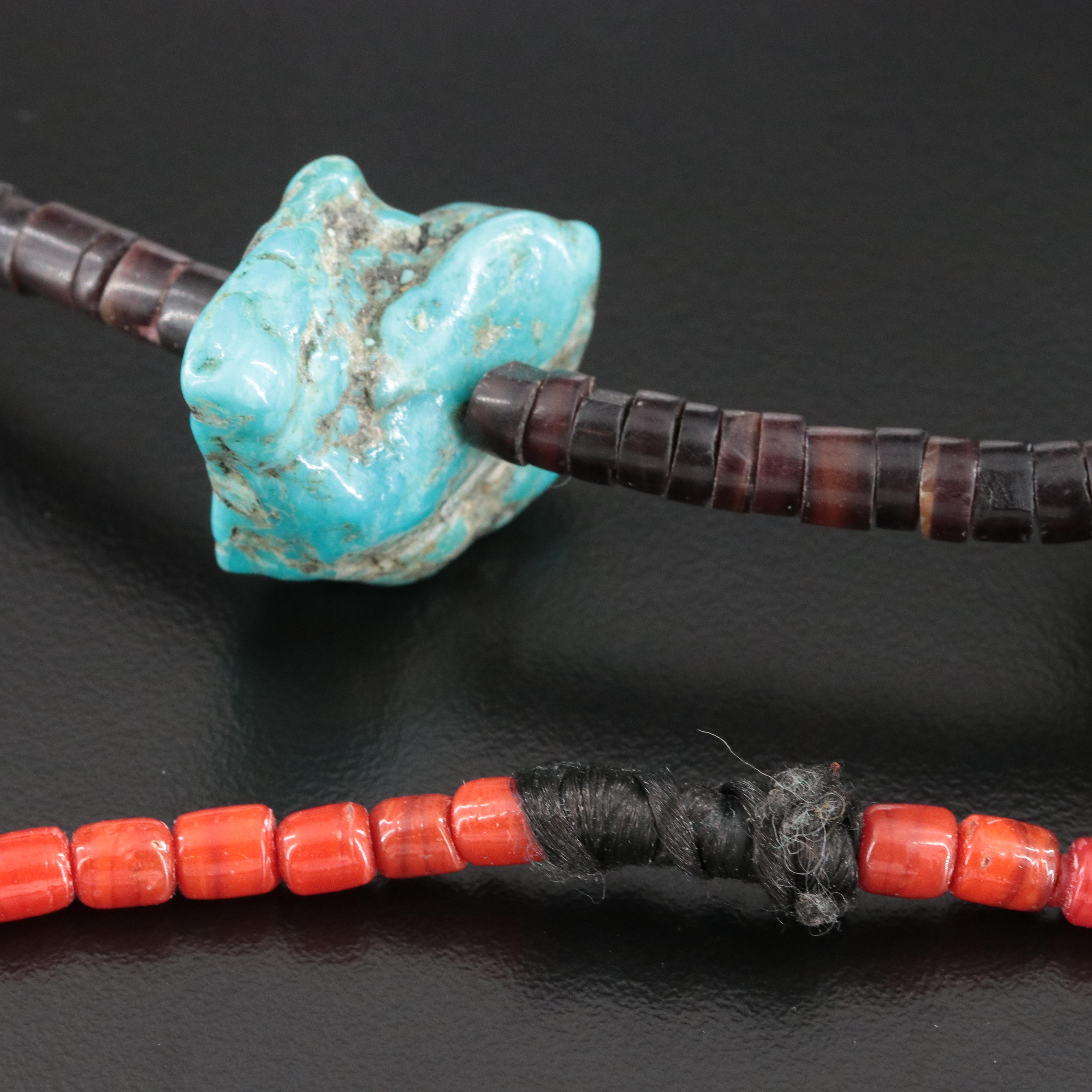 Sterling Turquoise, Coral and Shell Bead Necklace