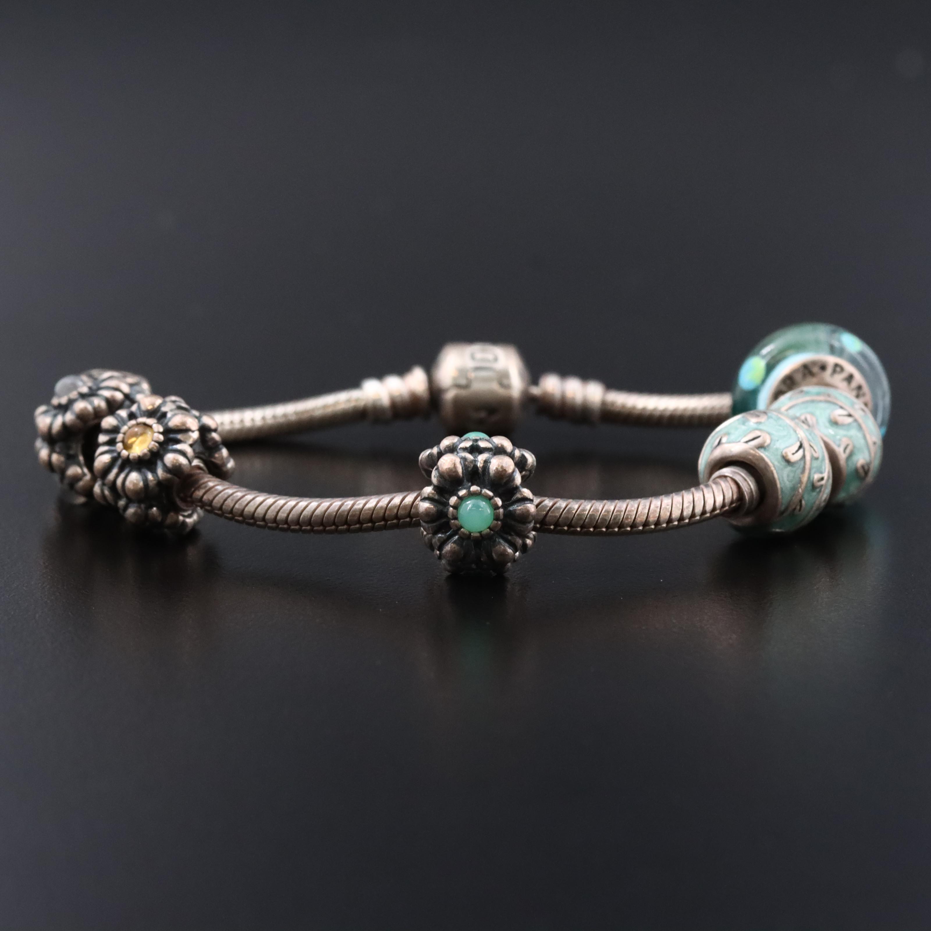 Pandora Sterling Charm Bracelet with Citrine and Chalcedony