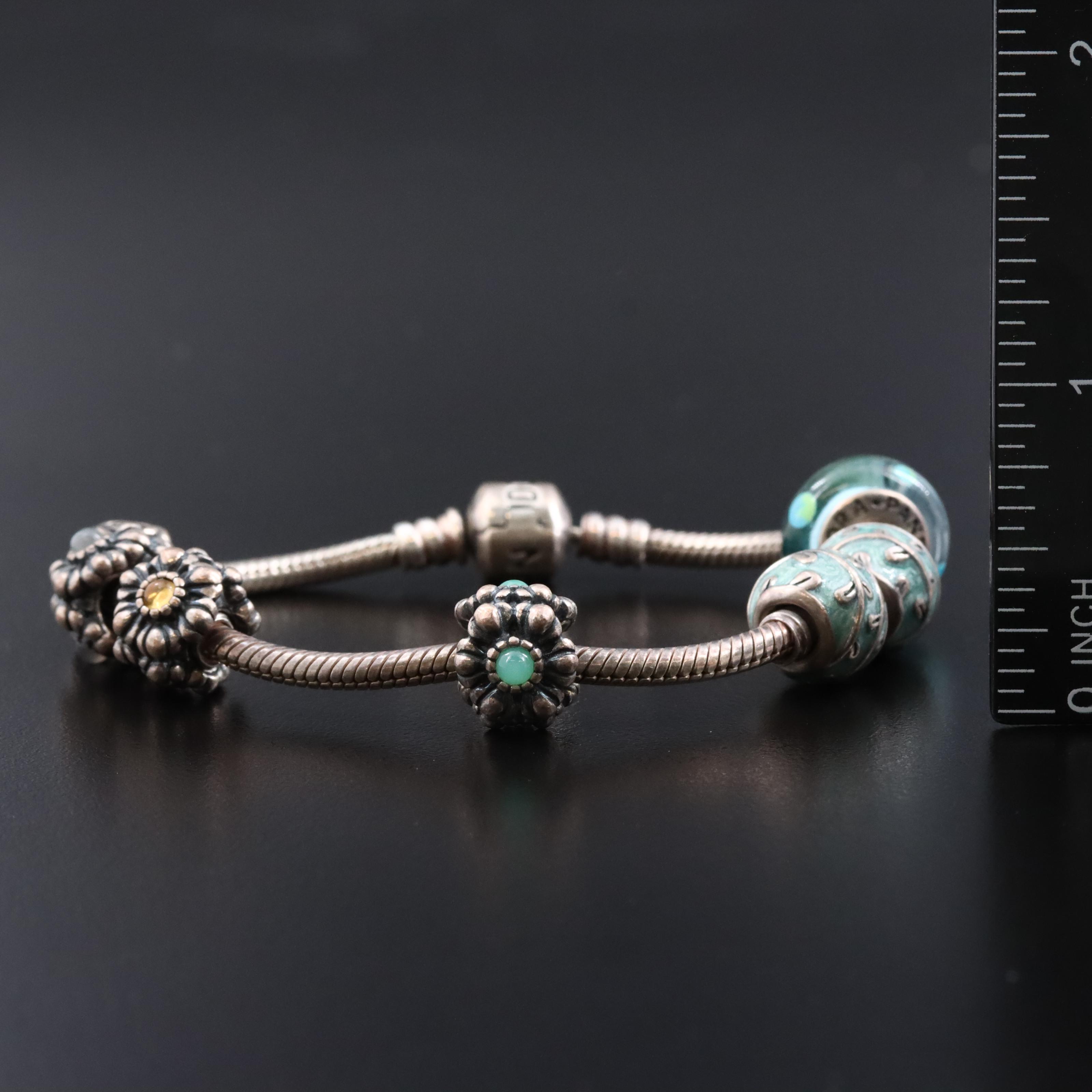 Pandora Sterling Charm Bracelet with Citrine and Chalcedony