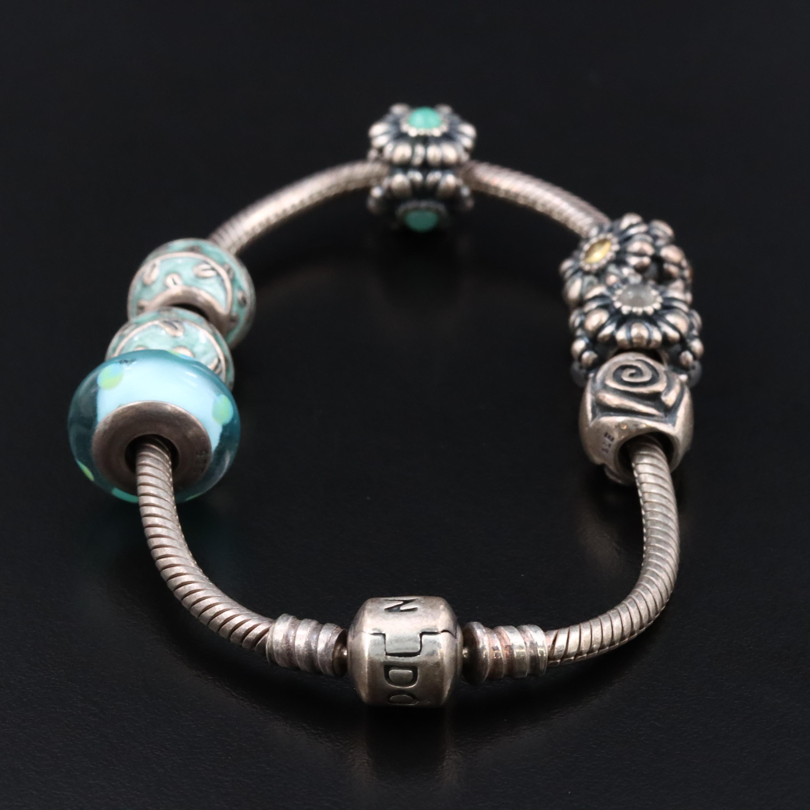 Pandora Sterling Charm Bracelet with Citrine and Chalcedony