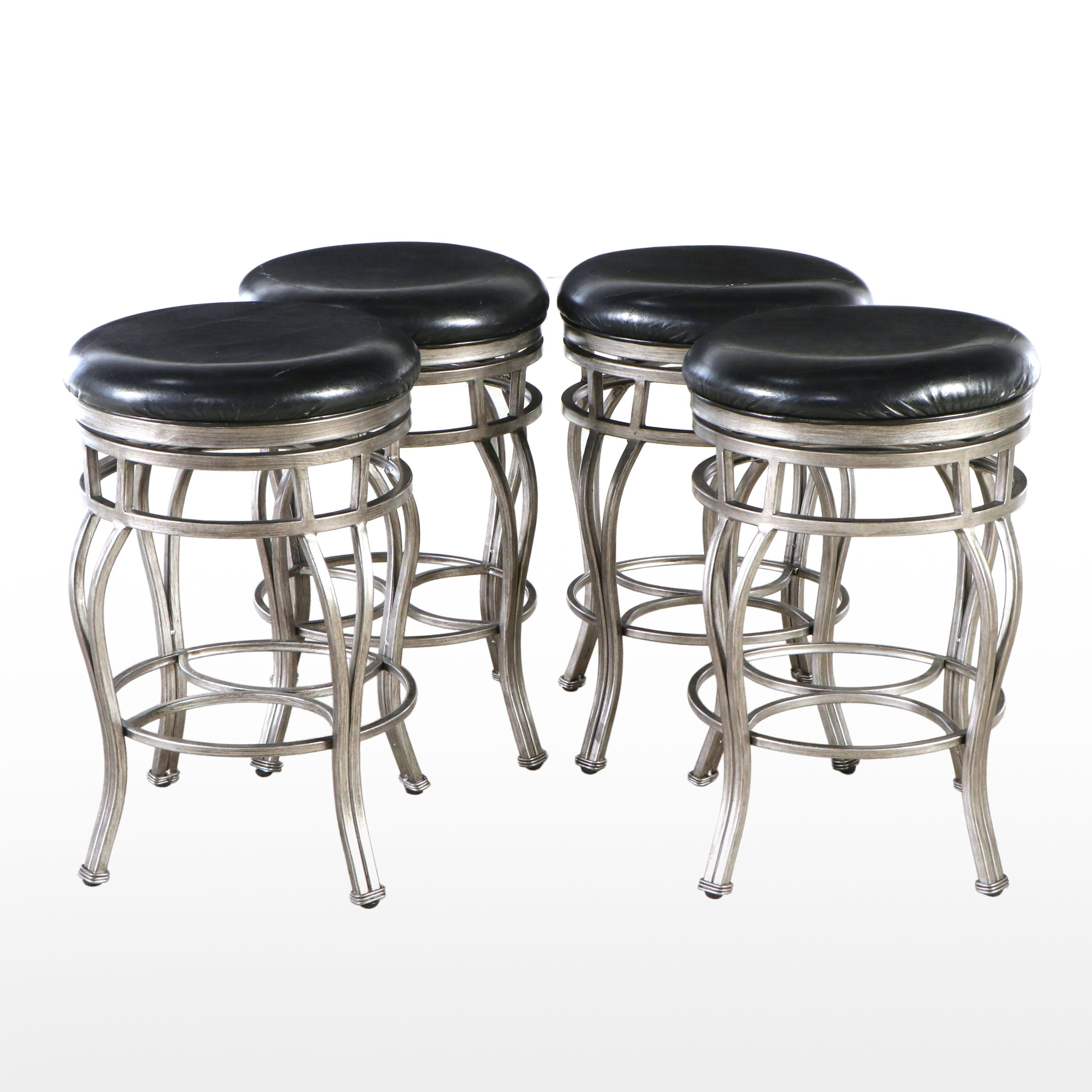 Set of Four Contemporary Faux Leather and Metal Swivel Barstools