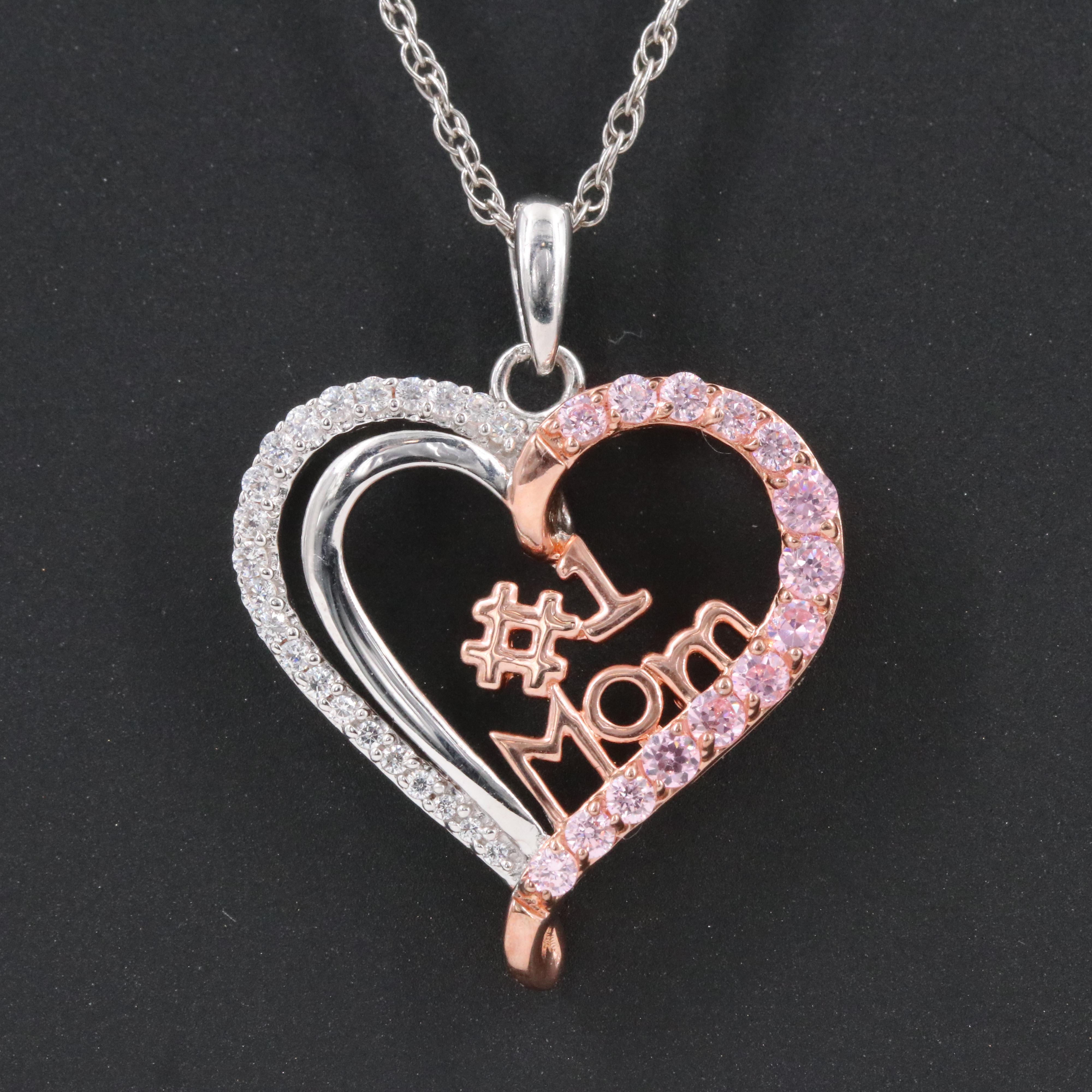 Sterling CZ "#1 Mom" Heart Pendant Necklace