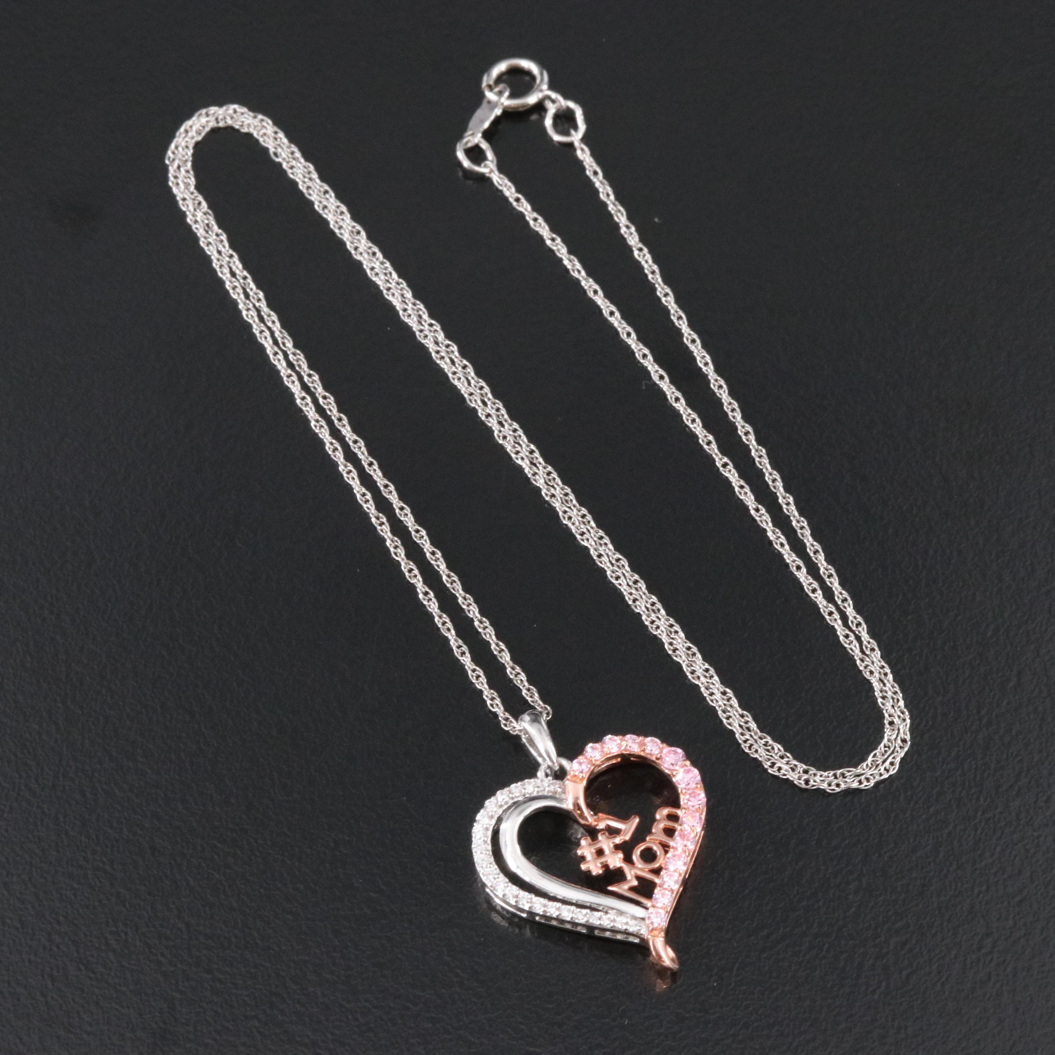 Sterling CZ "#1 Mom" Heart Pendant Necklace