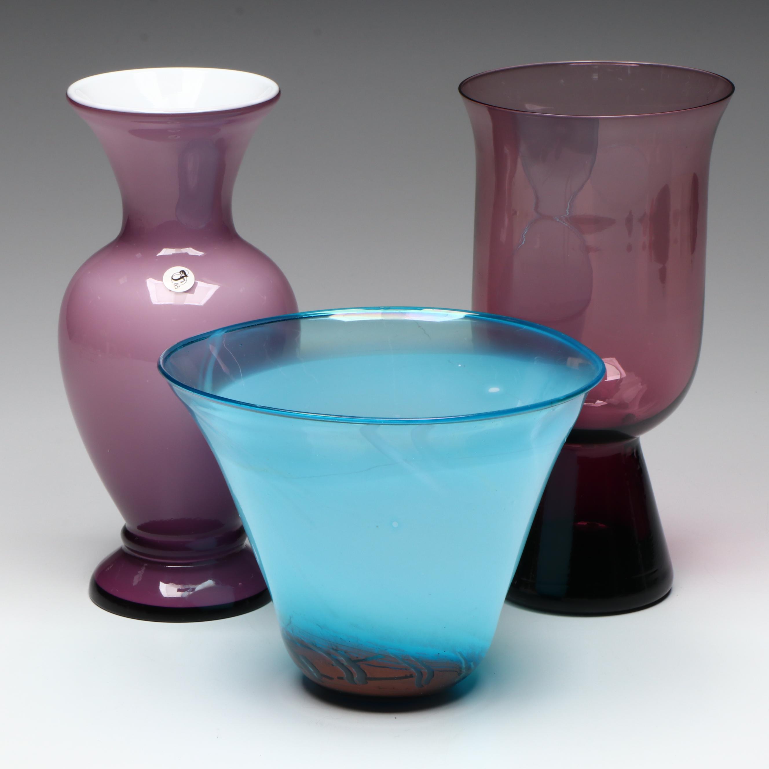 Fenton Purple Glass Fluted Vase with Other Glass Vases