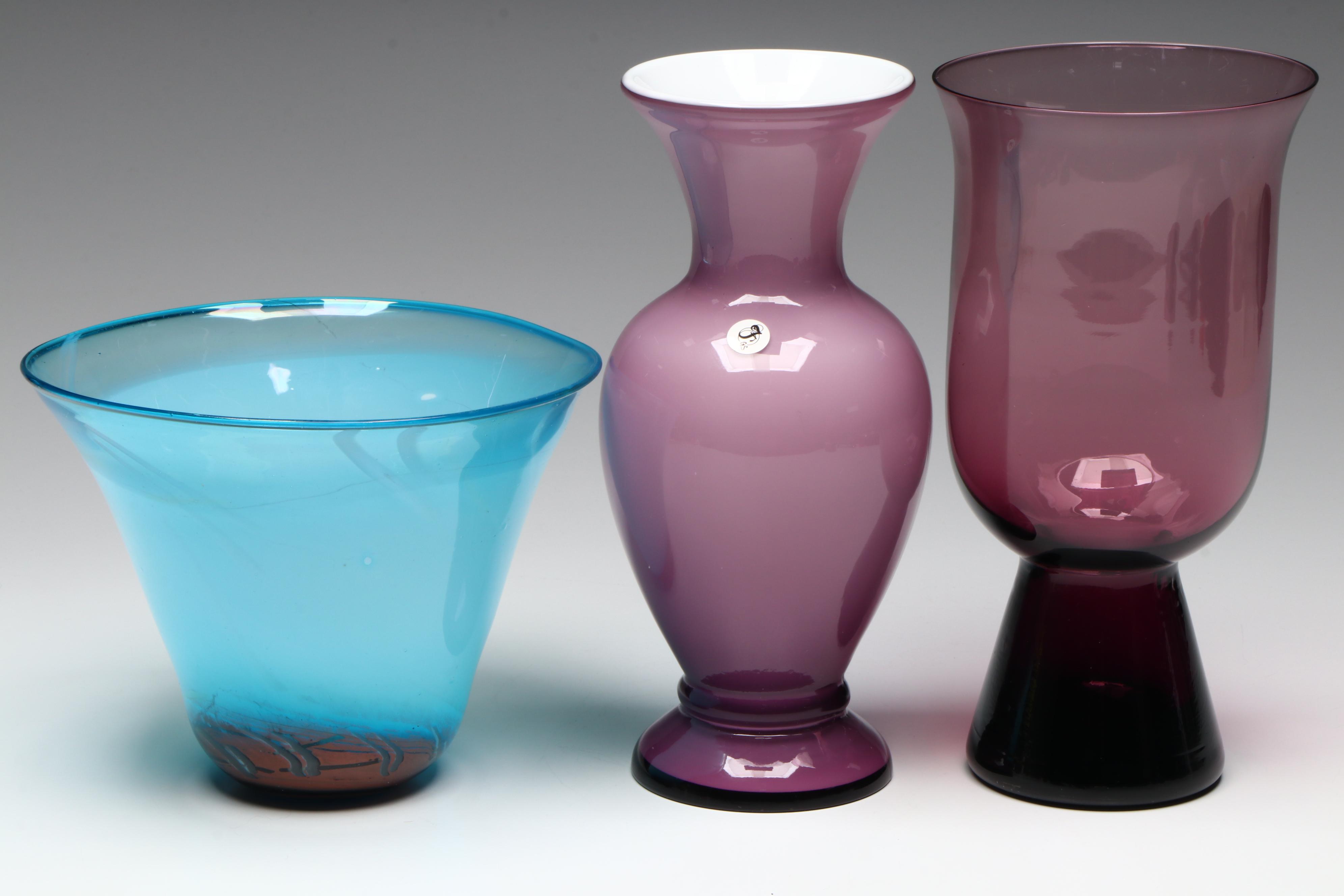 Fenton Purple Glass Fluted Vase with Other Glass Vases