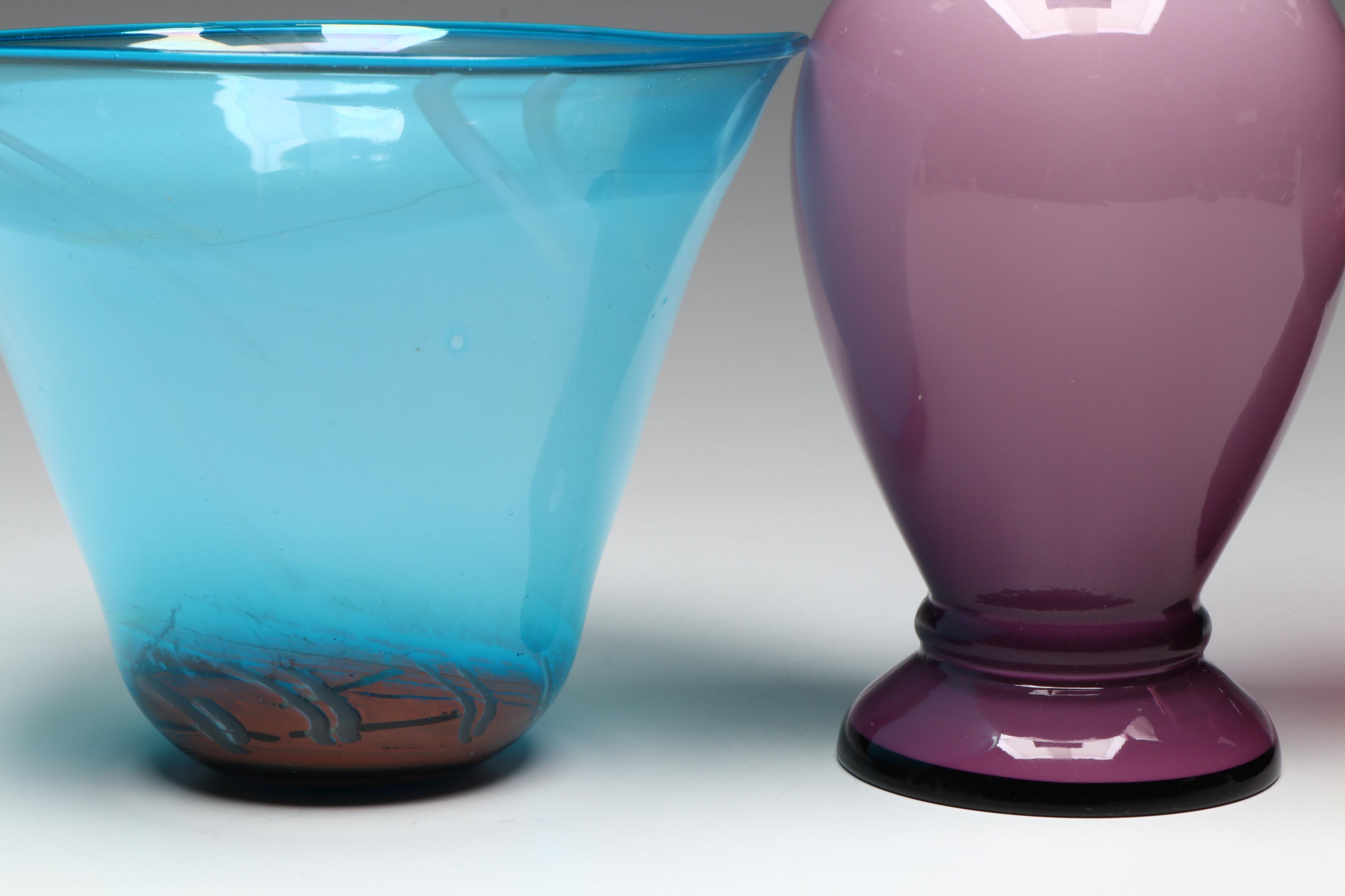 Fenton Purple Glass Fluted Vase with Other Glass Vases