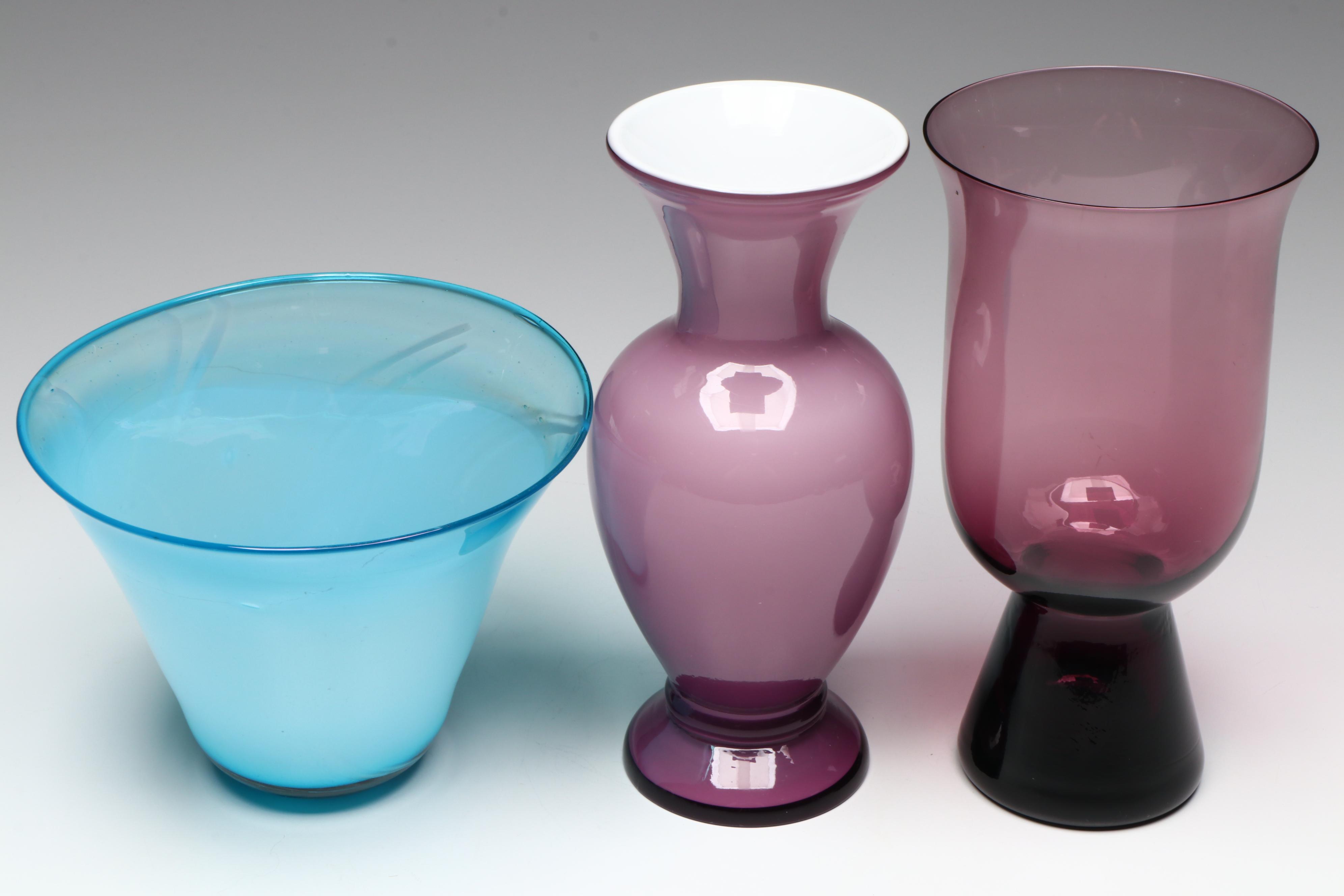 Fenton Purple Glass Fluted Vase with Other Glass Vases