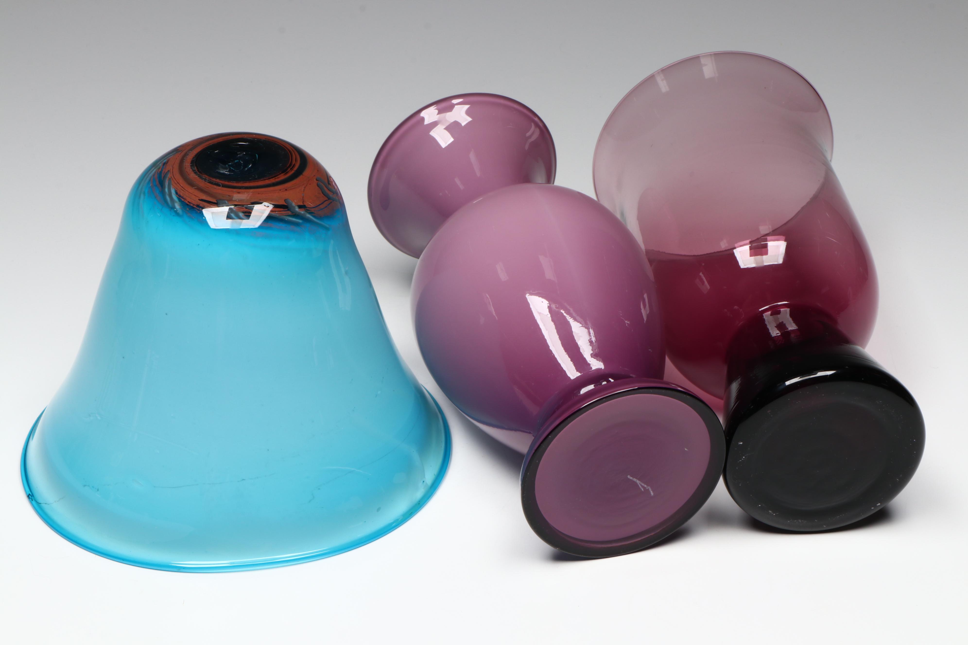 Fenton Purple Glass Fluted Vase with Other Glass Vases