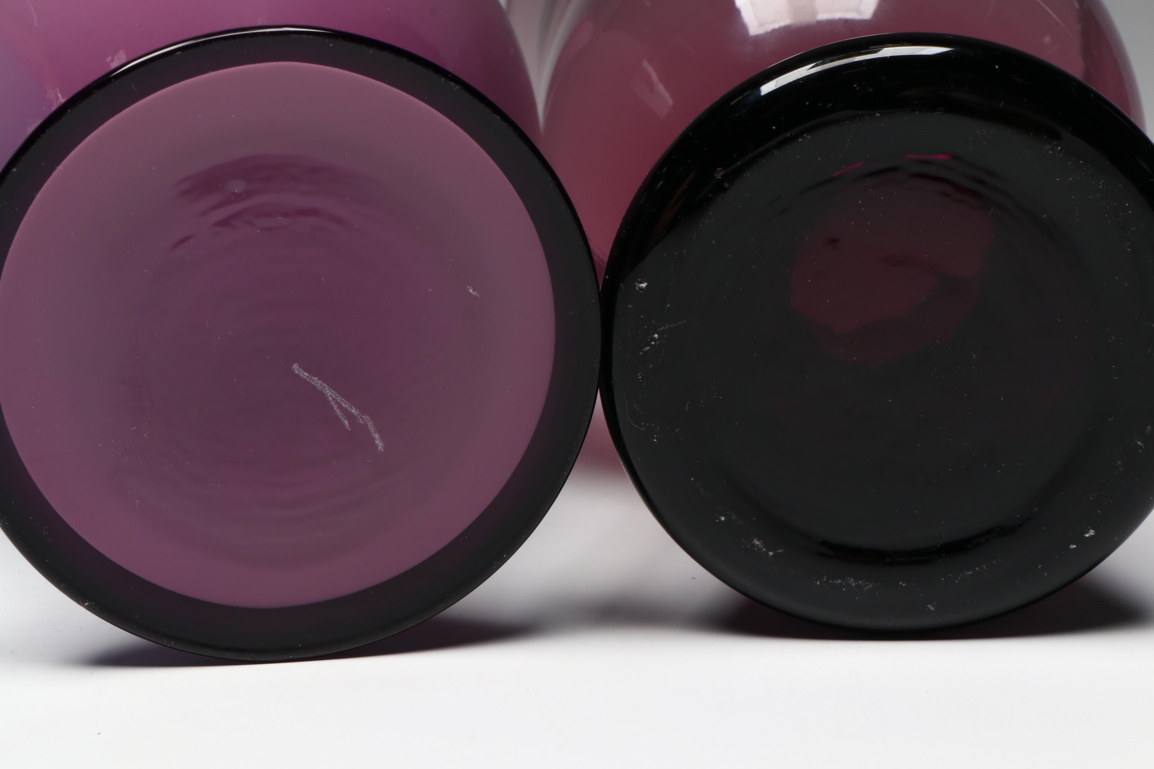 Fenton Purple Glass Fluted Vase with Other Glass Vases