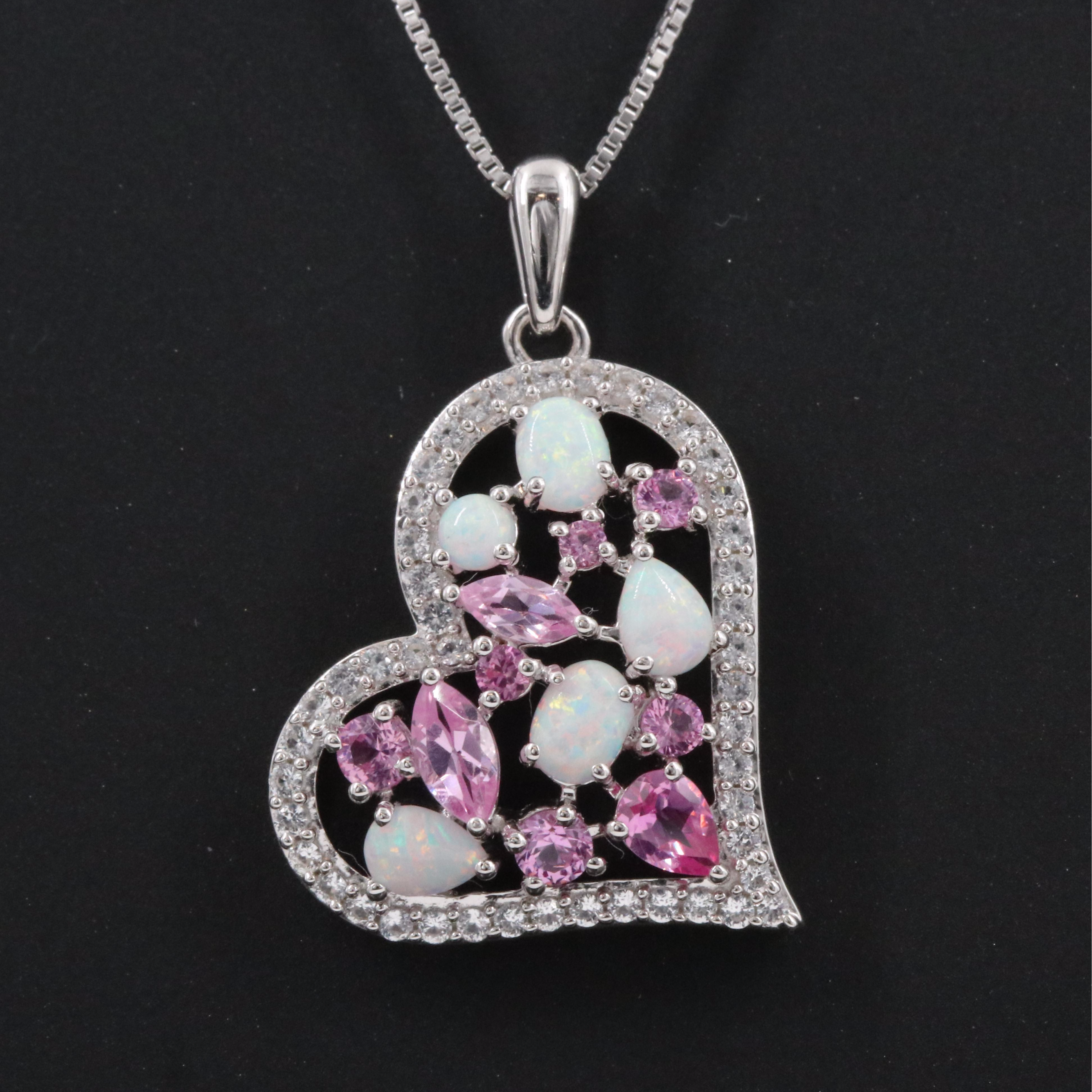 Sterling Opal, Sapphire and White Sapphire Heart Pendant Necklace