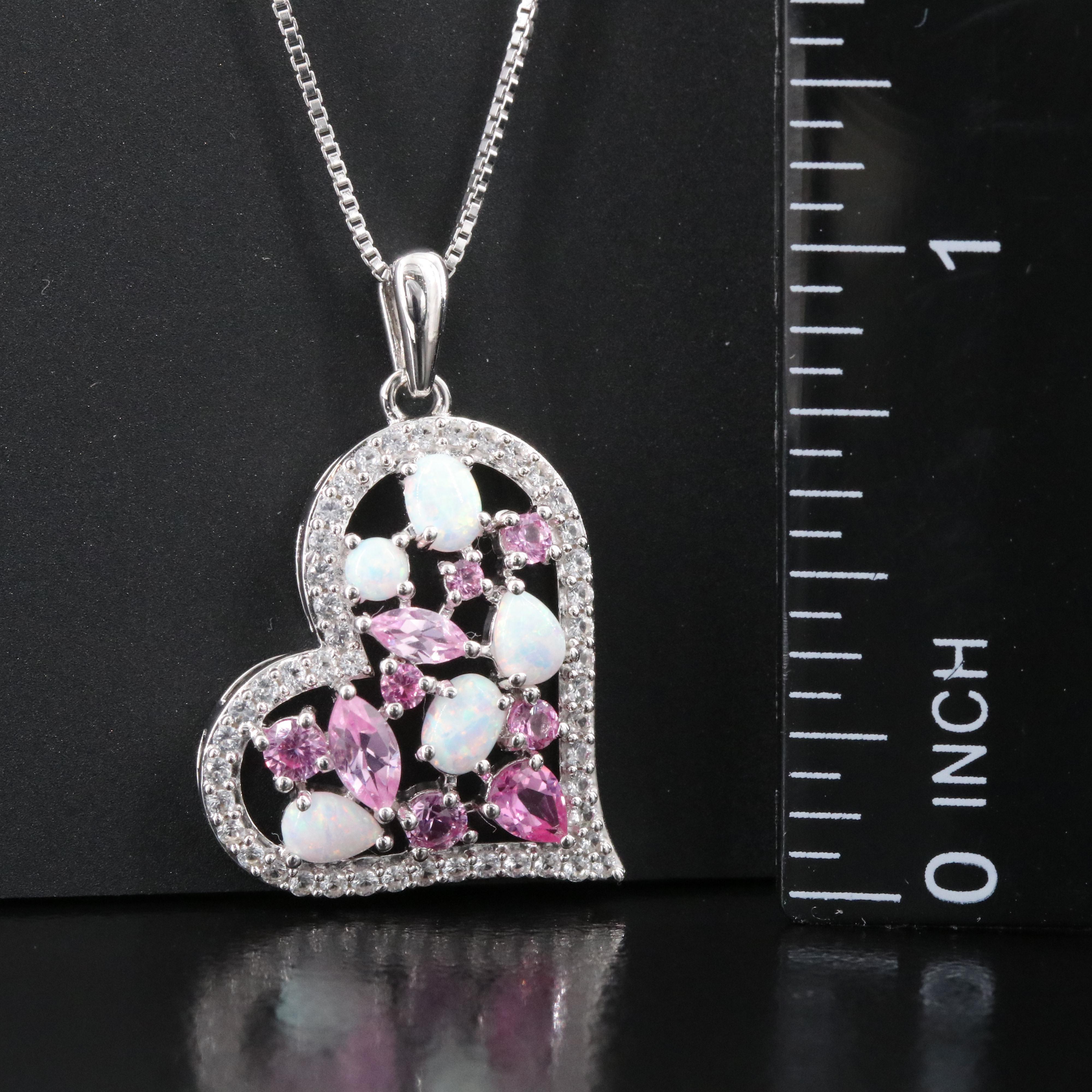 Sterling Opal, Sapphire and White Sapphire Heart Pendant Necklace