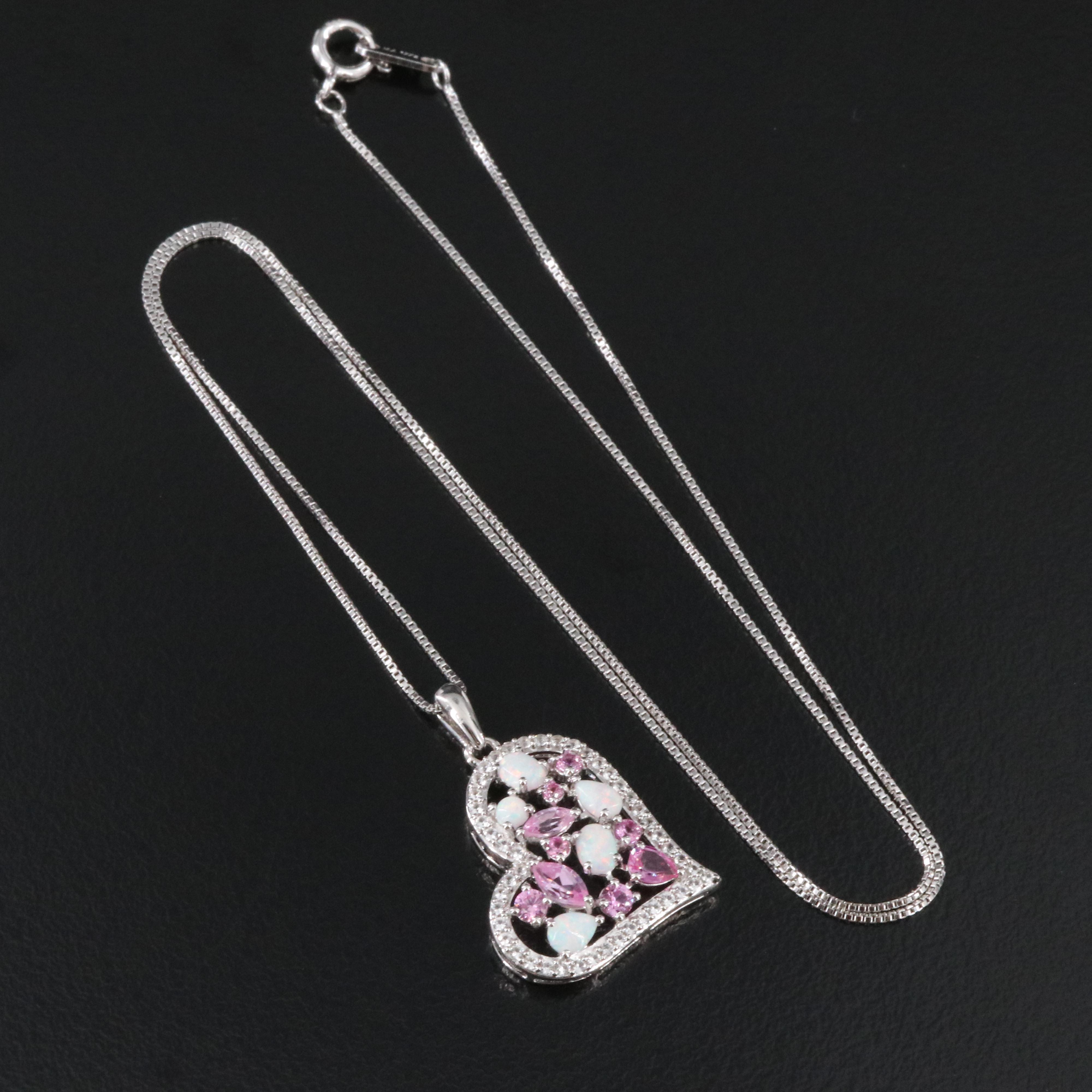 Sterling Opal, Sapphire and White Sapphire Heart Pendant Necklace