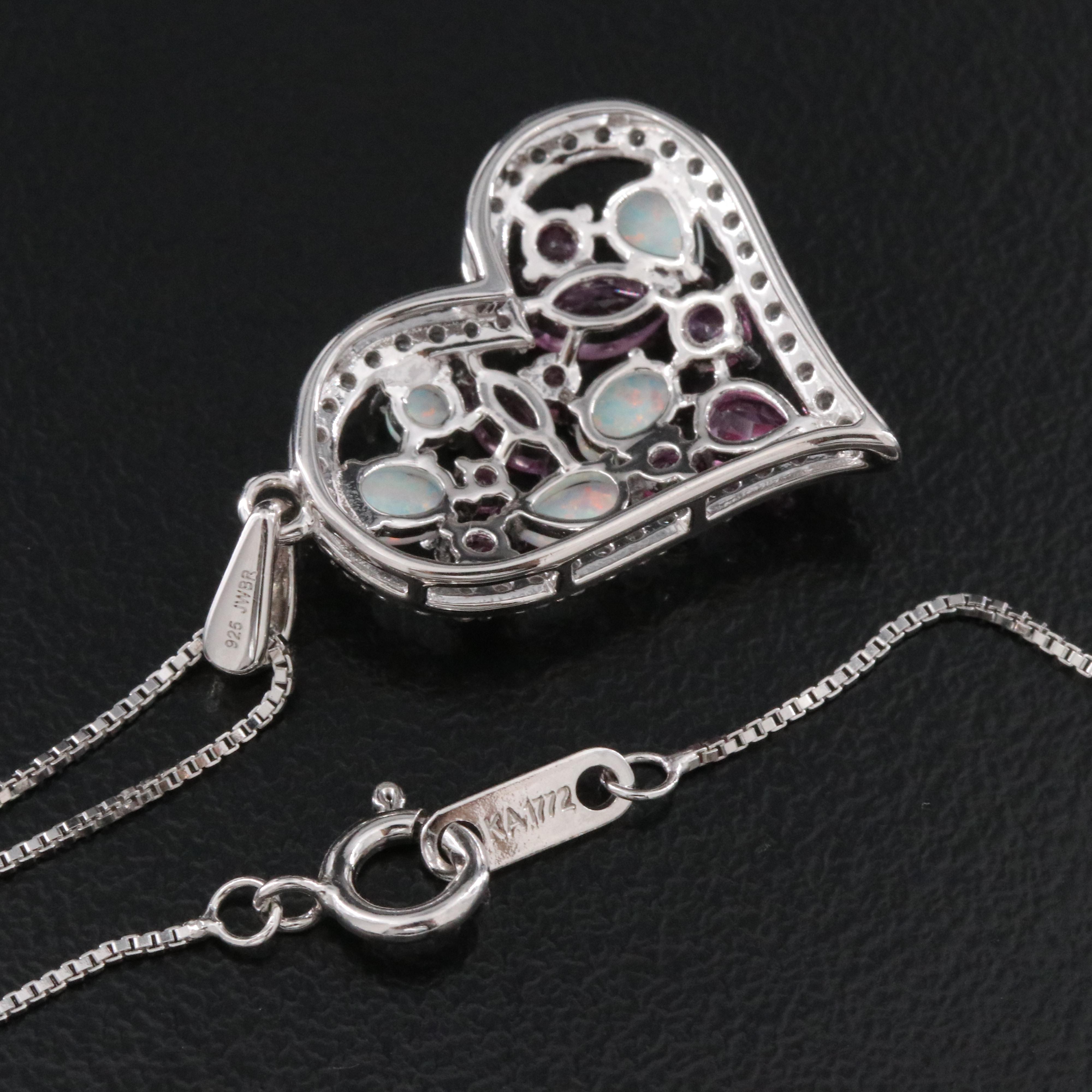 Sterling Opal, Sapphire and White Sapphire Heart Pendant Necklace