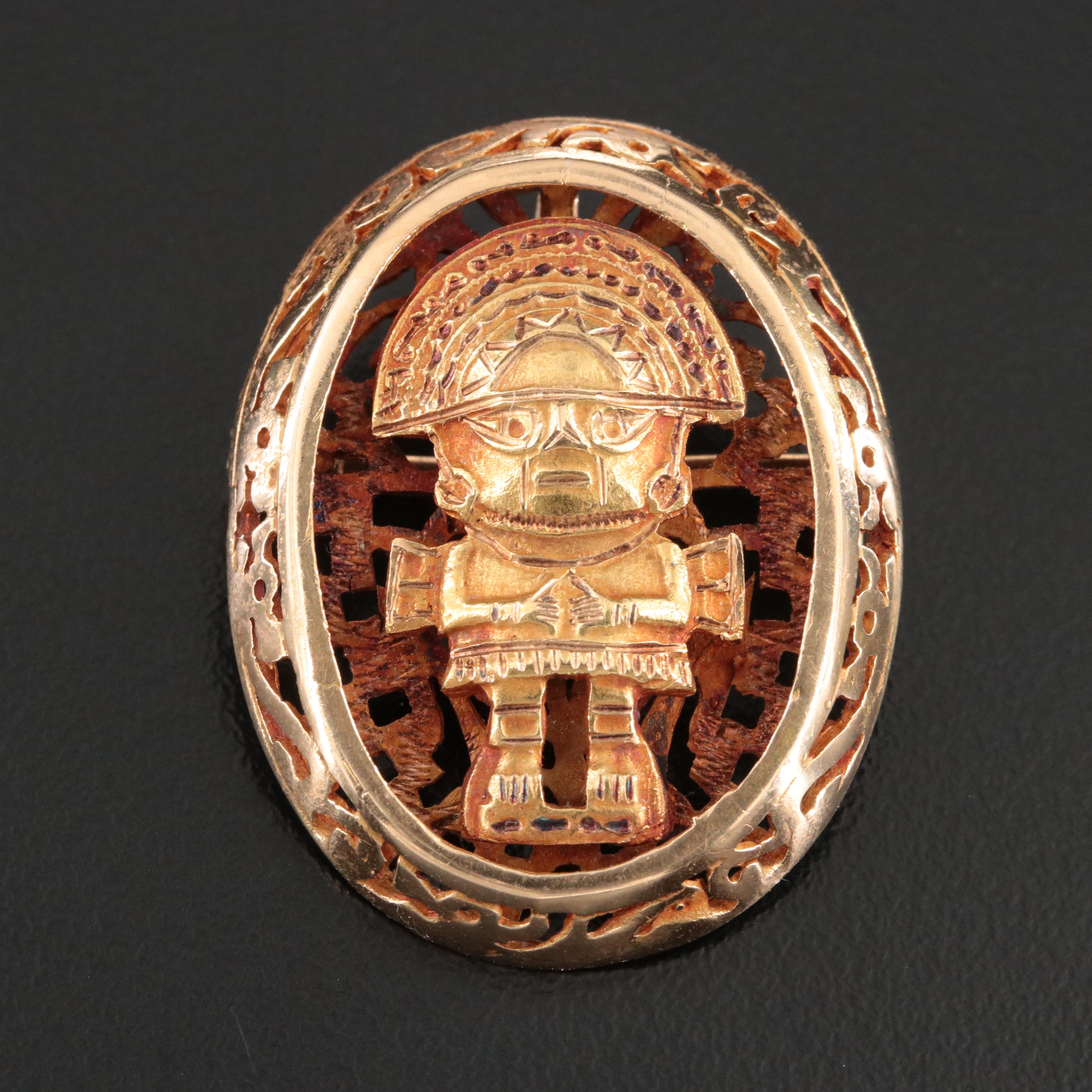 Mesoamerican Themed 18K Converter Brooch