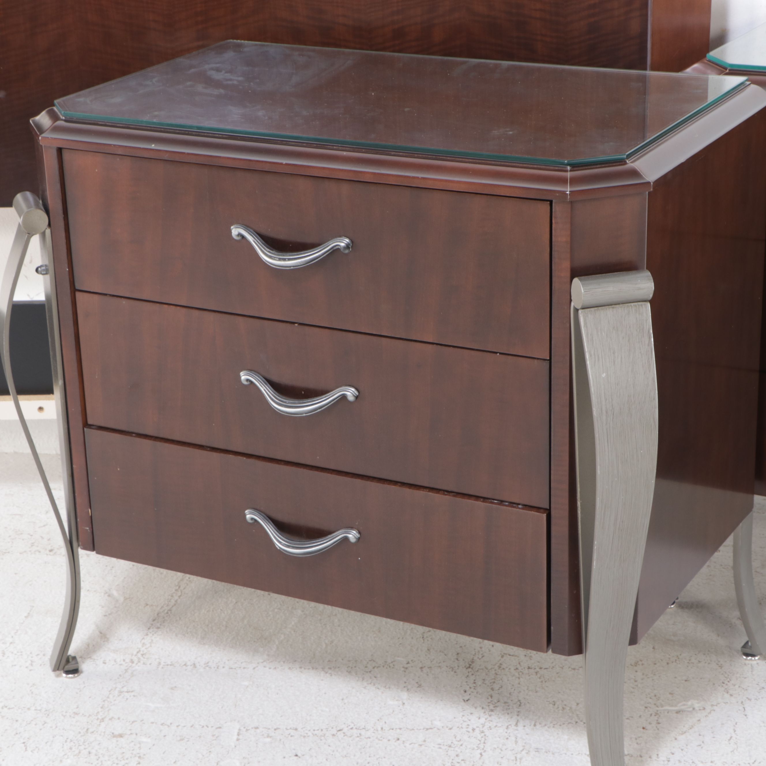 Contemporary Wood and Metal King Size Headboard and Two Nightstands