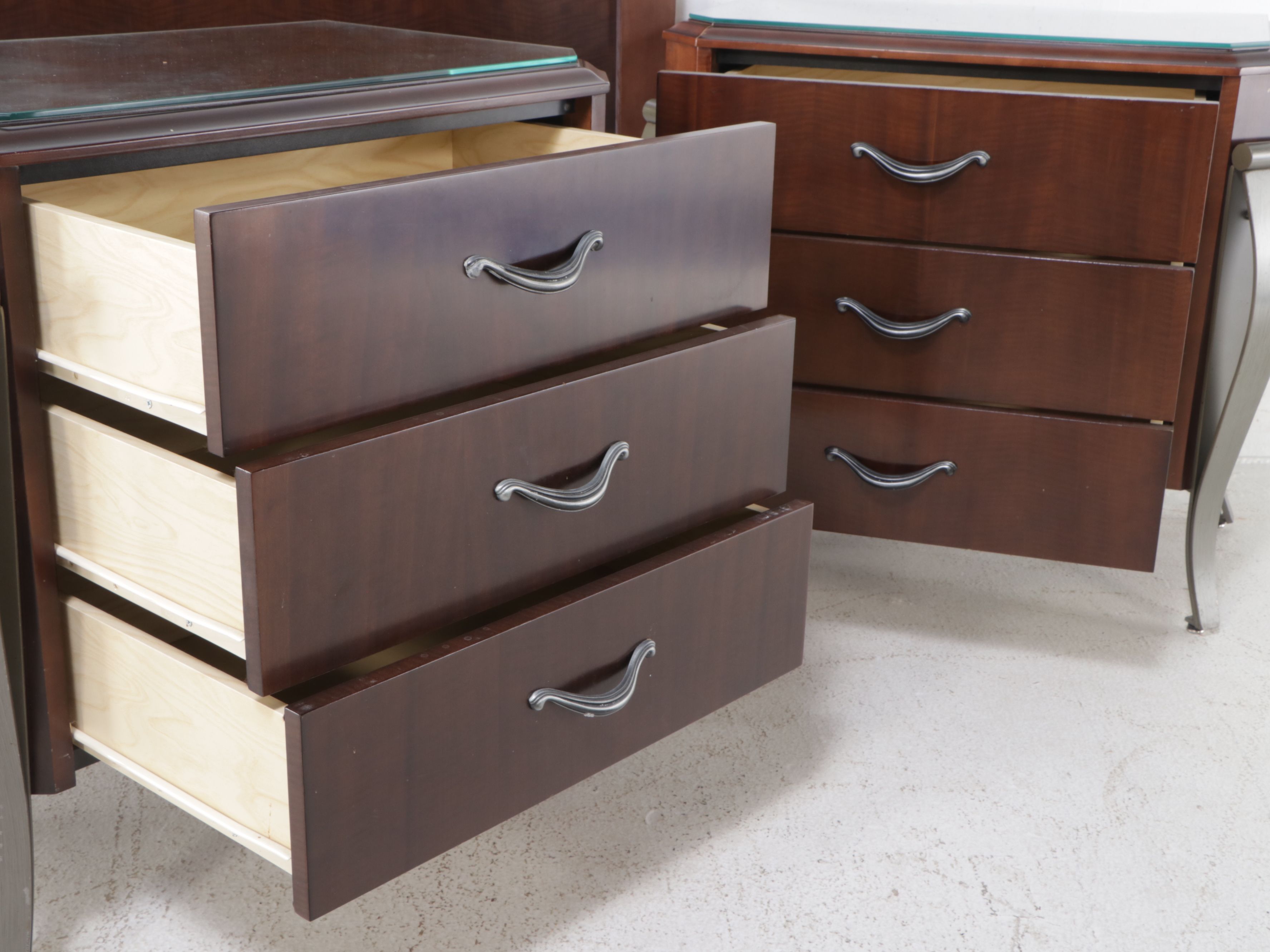 Contemporary Wood and Metal King Size Headboard and Two Nightstands